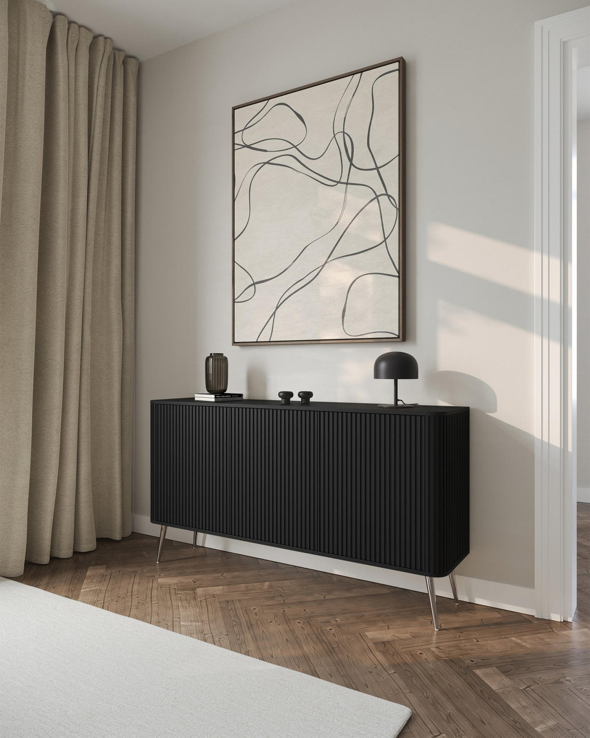 SIDEBOARD Ovarlo Schwarz mit Metallbeinen 163 cm - Silberfarben/Schwarz, Holzwerkstoff/Metall (163.2/83.8/38cm) - Selsey