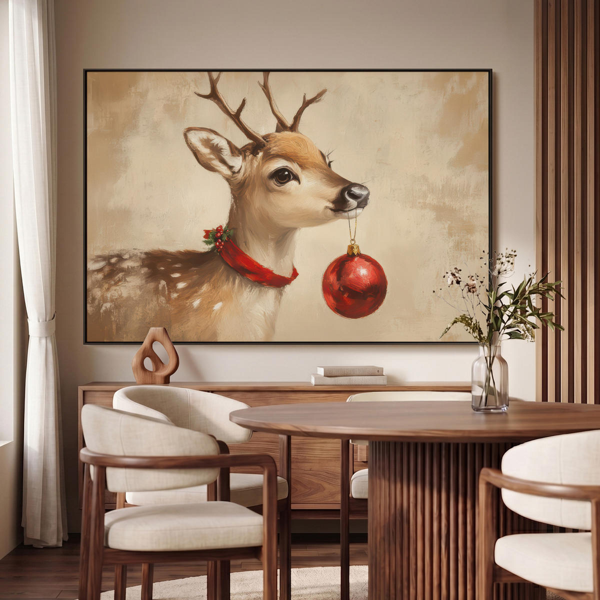 LEINWAND Bilder mit Rahmen - Weihnachten - Hirsch - Geweih - Weihnachtskugel - Rentier - 140x90 - Hellbraun, Textil (140/90cm) - MuchoWow