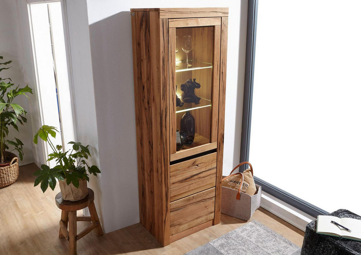 VITRINE Wild-/Zerreiche 62x42x191 natur geölt MONTREUX #120 - Braun, Holz (62/191/42cm) - Massivmoebel24