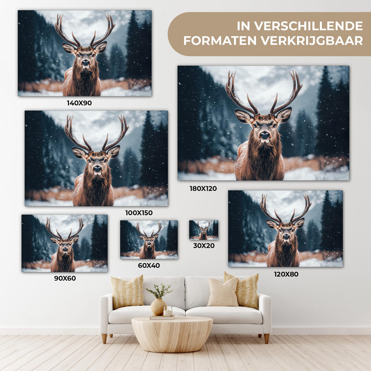 LEINWANDBILD Hirsche - Tiere - Landschaft - Winter - Schnee 30x20 cm - Kastanienfarben, Textil (30/20cm) - MuchoWow