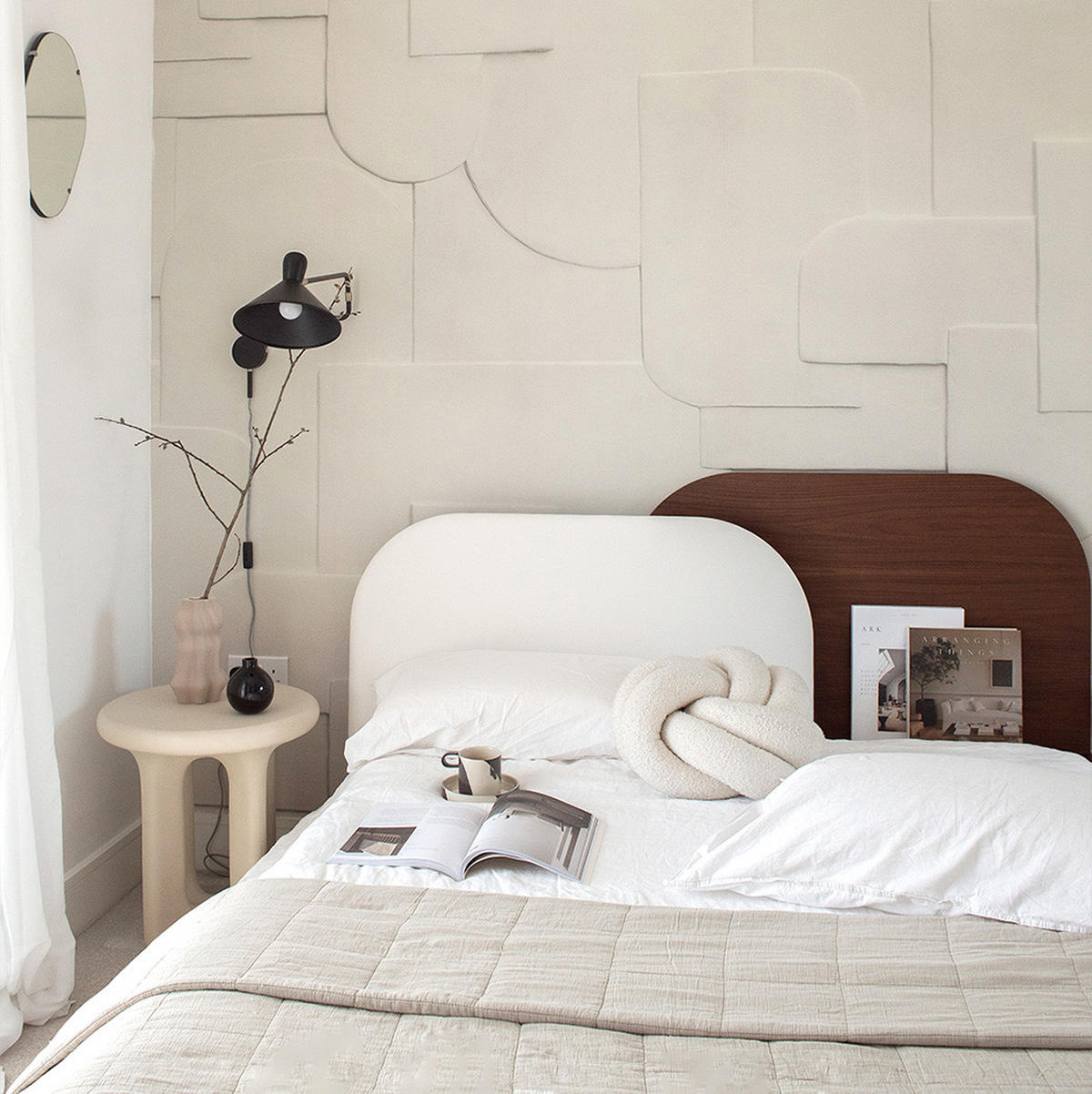 KOPFTEIL Alba mit Licht 180cm - Walnussfarben/Grau, Holz/Textil (180/60/14cm) - Woodendot
