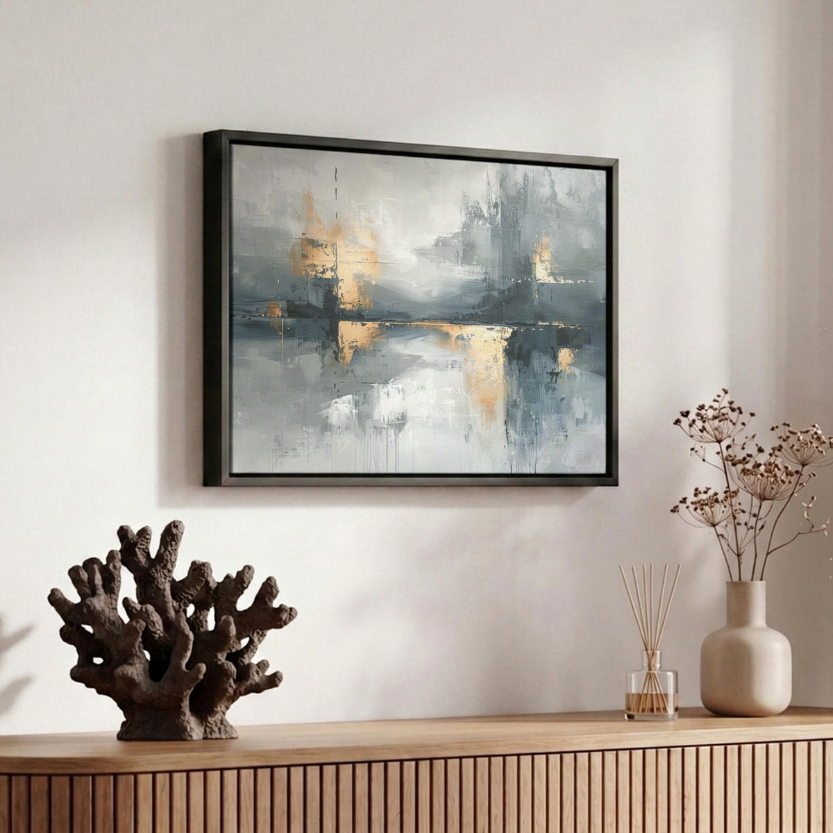 LEINWAND Bilder mit Rahmen - Kunst - Grau - Gold - Abstrakt - 30x20 - Dunkelgrau, Textil (30/20cm) - MuchoWow