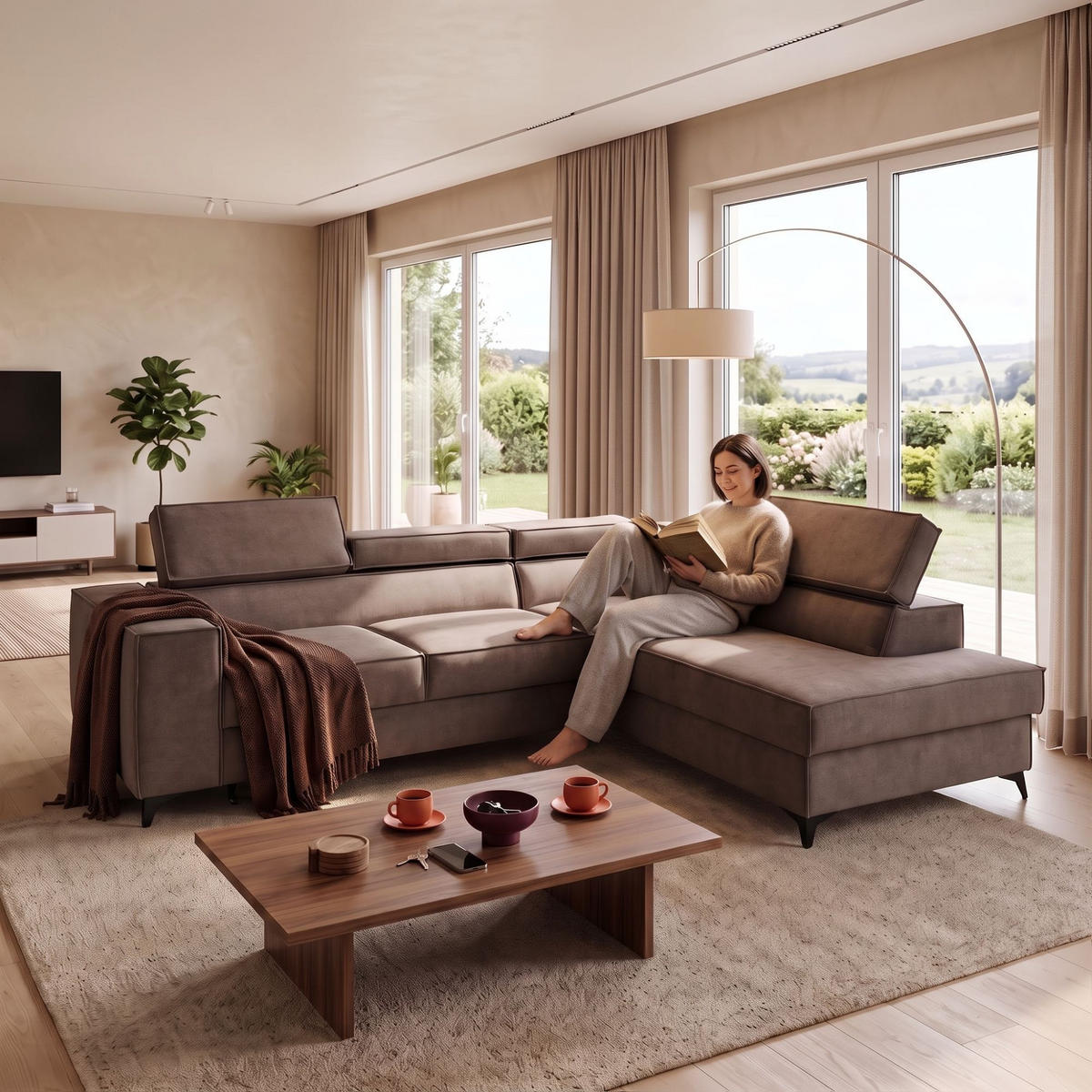 ECKSOFA PURE L Rechts mit Schlaffunktion 127x199 Velours Beige - Beige/Schwarz, Holz/Textil (204/281cm) - Muffo