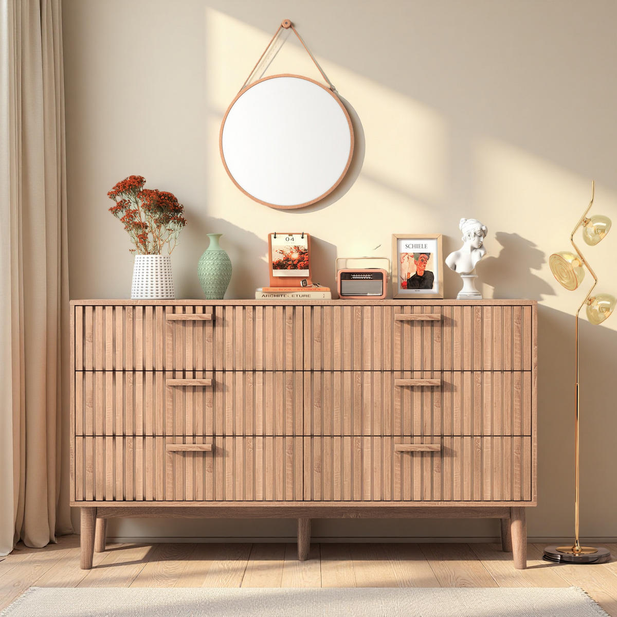 BYRÅ, naturfärgad, 6 lådor, trälook - Naturfärgad, Träbaserade material (34/73/100cm) - SHOPENTRA