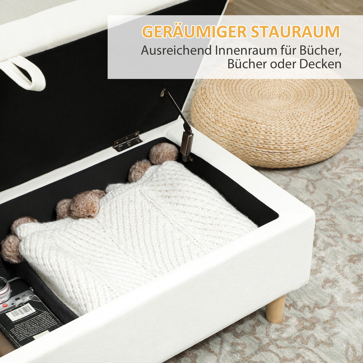 SITZBANK mit Stauraum Sitztruhe mit Samtoptik, Bettbank mit Holzbeine Creme - Creme/Naturfarben, Holz/Textil (50/43/115cm) - HOMCOM