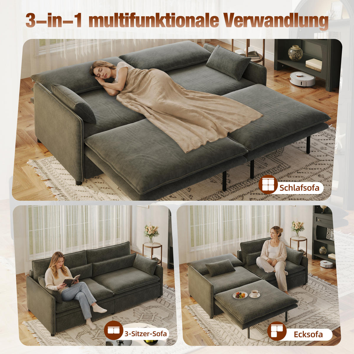 SCHLAFSOFA 3-Sitzer Chenille Wolken-Sofa mit Bettkasten Ausziehbar 206cm - Dunkelgrau, Textil (206/86/91cm) - Urban Meuble