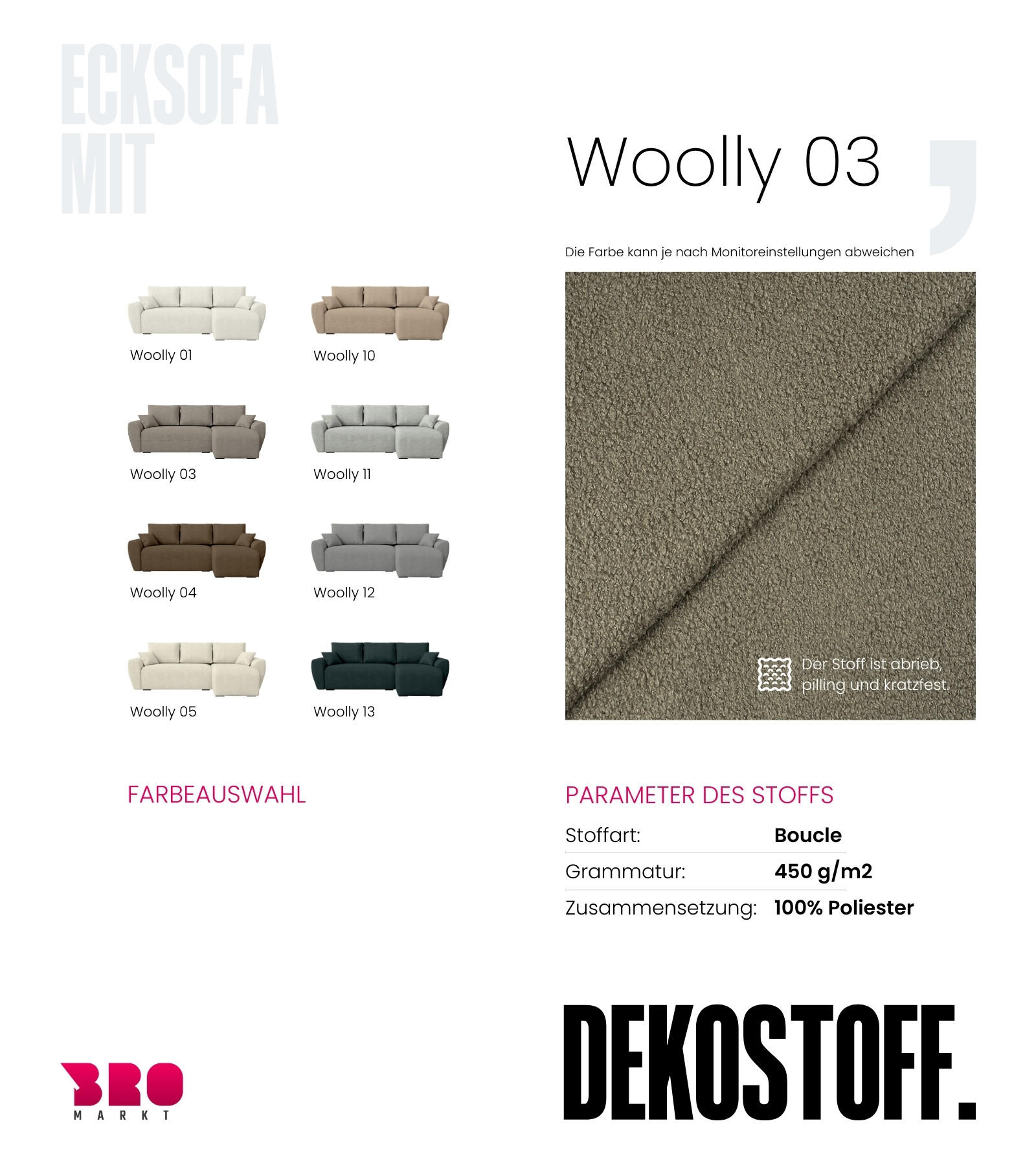 Thumbnail - Bromarkt Ecksofa, Graubraun, Textil, 3-Sitzer, Ottomane rechts, seitenverkehrt montierbar, L-Form,L-Form, 238x141 cm, Wo...