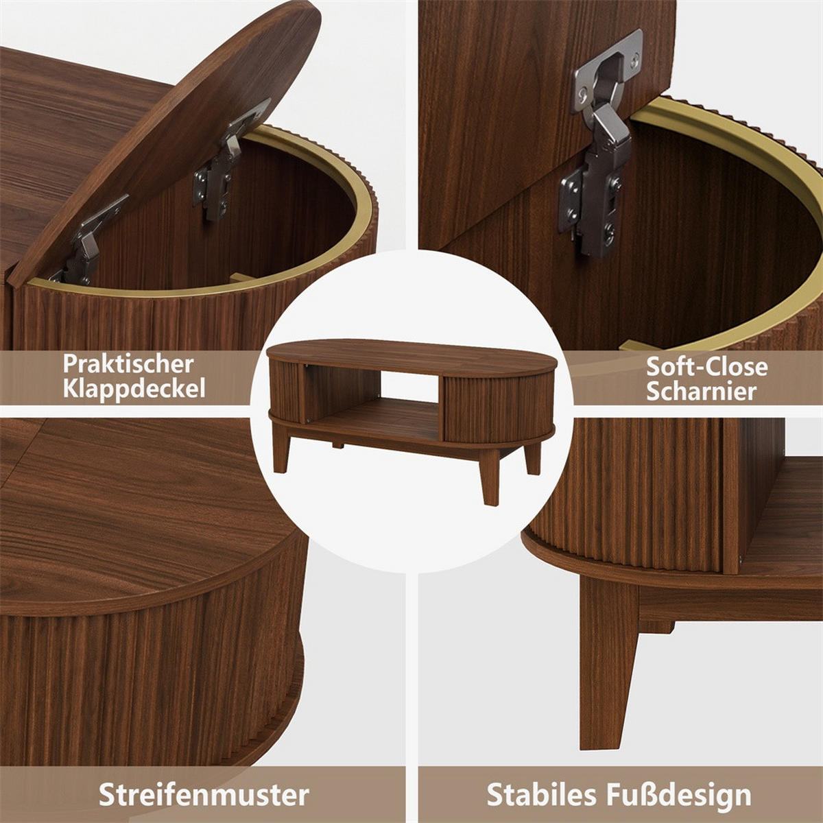 COUCHTISCH oval in Rillenoptik - Wohnzimmertisch mit verstecktem Staufach und offenen Regalen - Walnuss-Optik - Nussbaumfarben, Holzwerkstoff (100/50/40.5cm) - DELFA