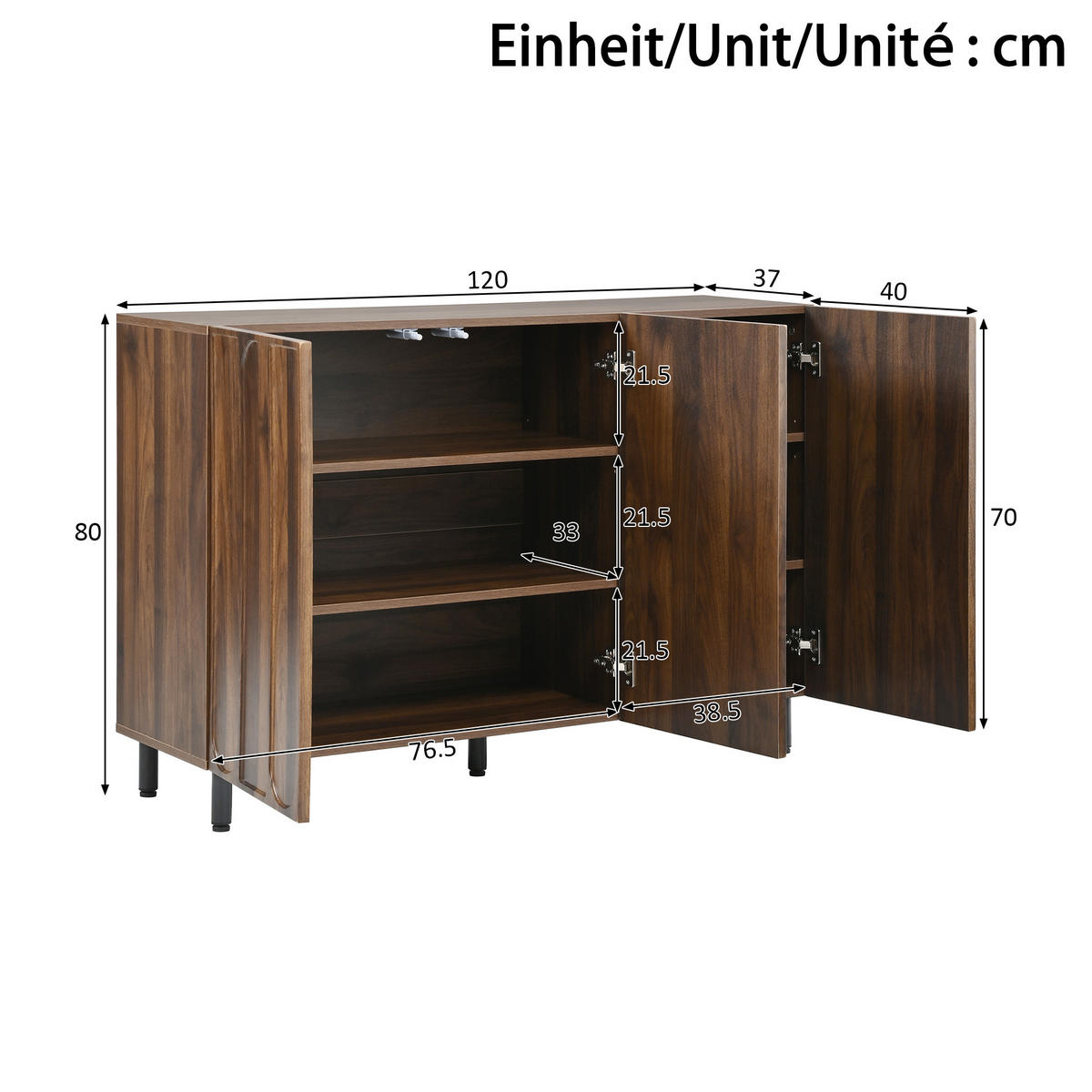 SCHUHSCHRANK 2-in-1 mit 3 Türen und verstellbaren Böden - Walnussfarben, Holzwerkstoff (120/80/37cm) - FLIEKS