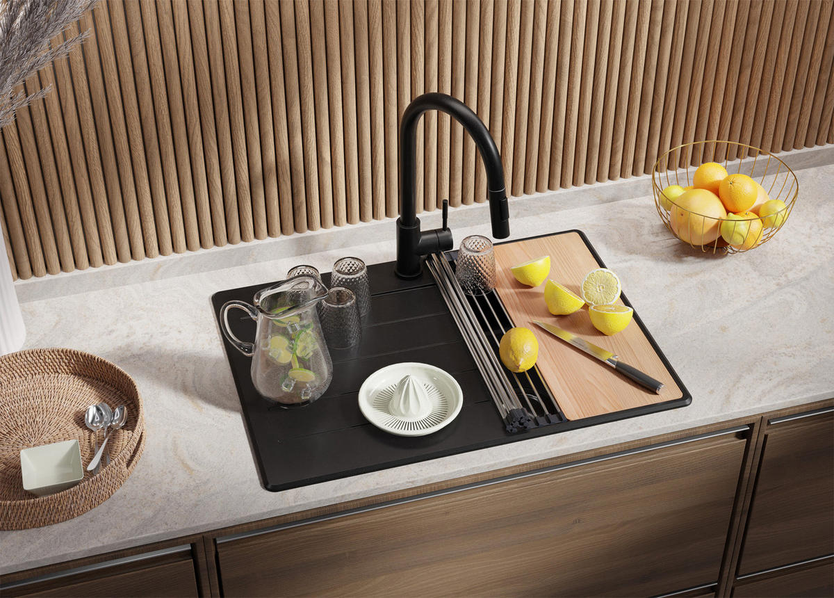 SPÜLBECKEN Kopenhagen, 2-er set Schwarz 70/50 cm 1 Becken + Ablauf-Set + Schneidebrett ab 40er Unterschrank - Chromfarben/Beige, Kunststoff (70/20/50cm) - Primagran