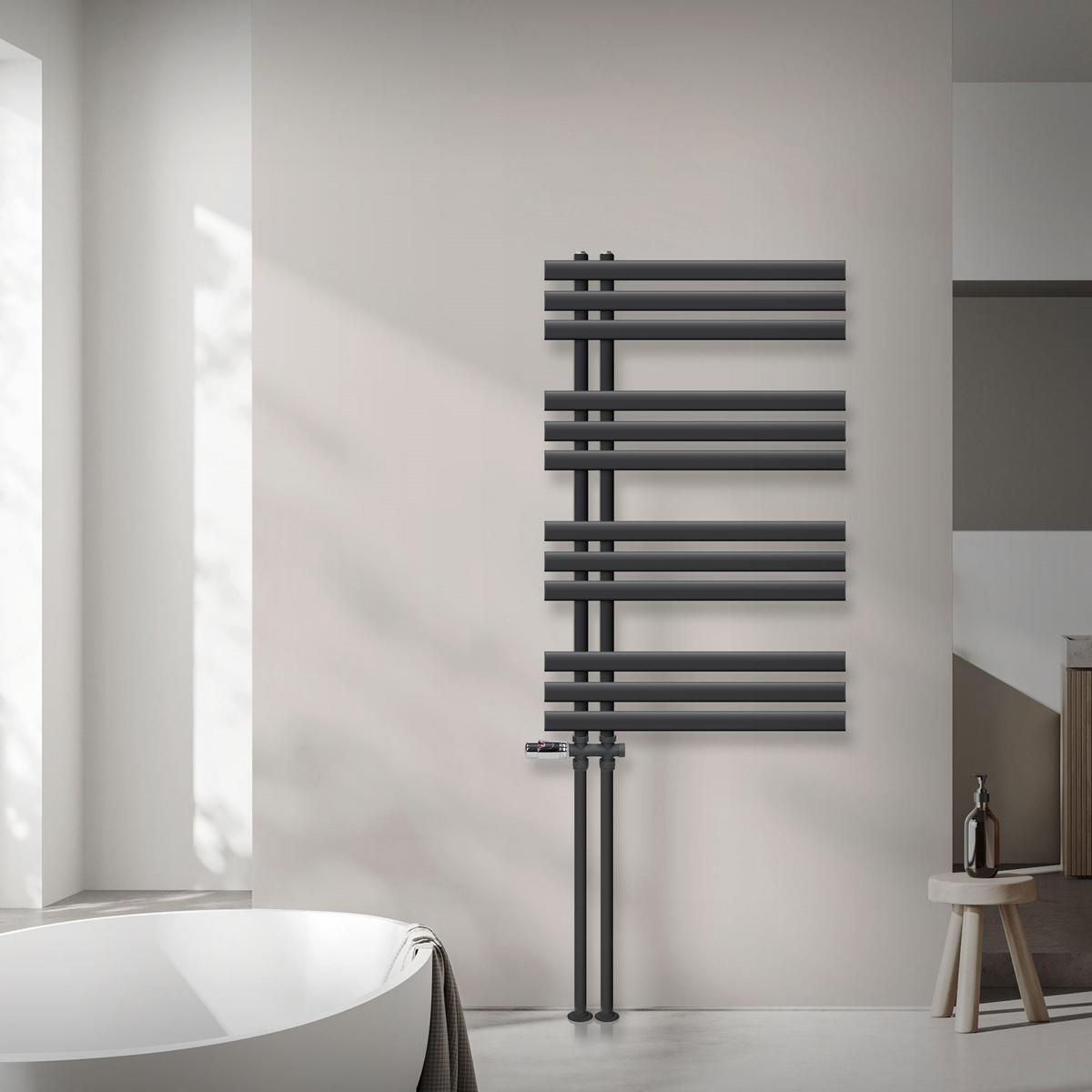 KOUPELNOVÝ radiátor Iron EM 600 x 1000 mm antracitový s průchozím ventilem - antracitová, kov (60/100/3cm) - LuxeBath