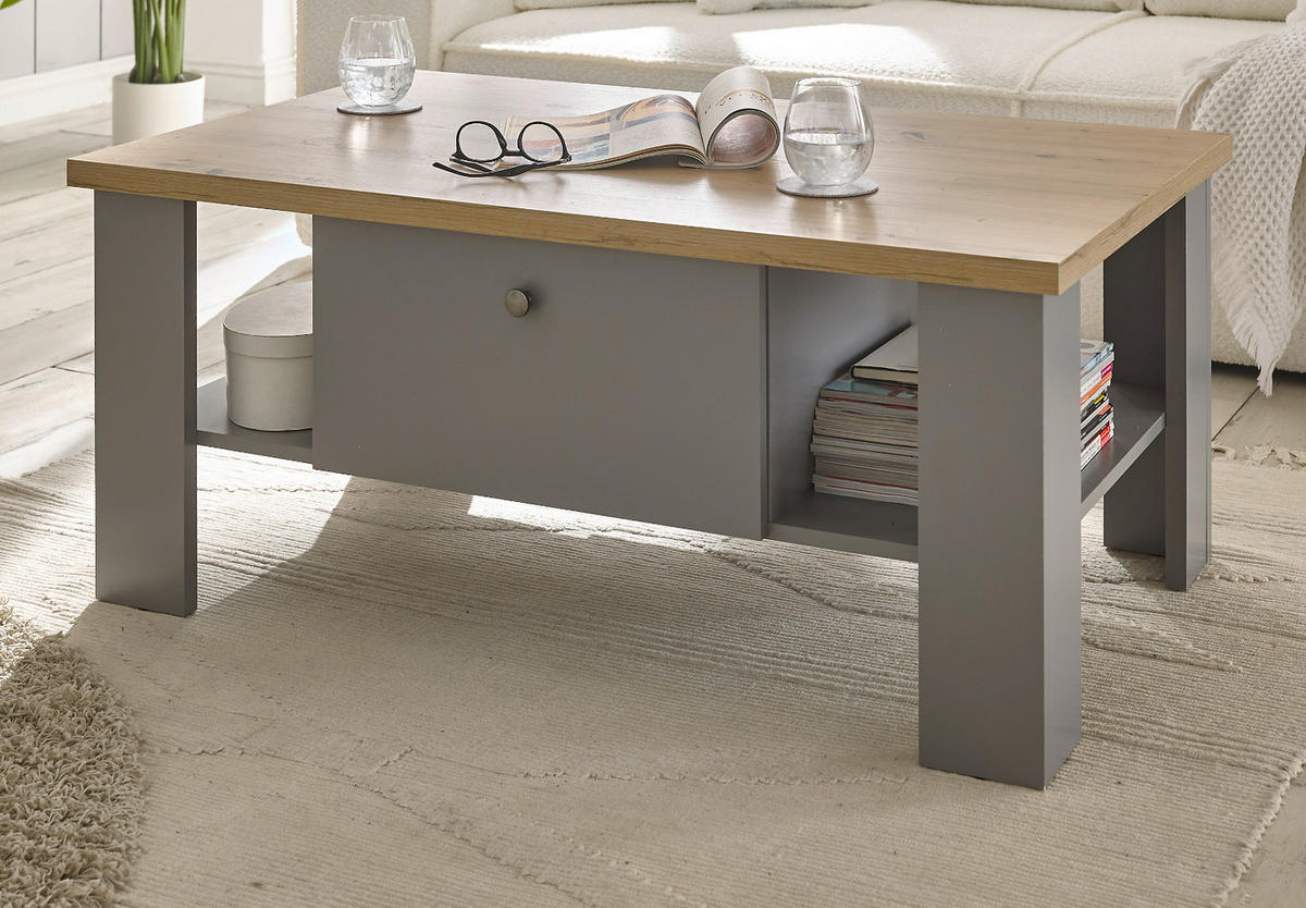 COUCHTISCH grau, Artisan Eiche Landhaus 107 x 67 cm, Beistelltisch mit Schubkästen - Silberfarben/Hellgrau, Holzwerkstoff/Metall (107/67/46cm) - Furn.Design