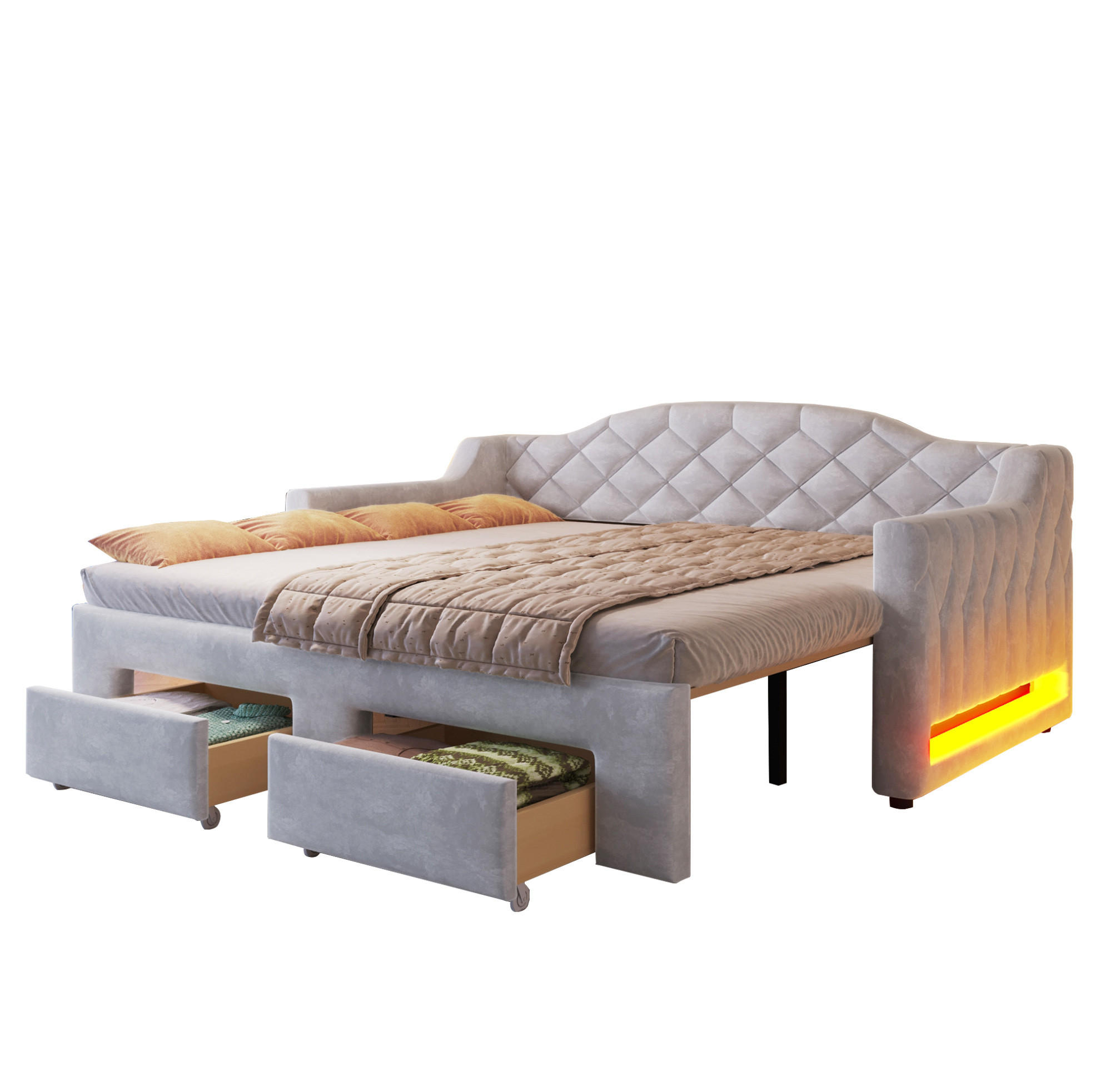 TAGESBETT 90/200 cm ausziehbar auf 180/200 cm mit LED-Beleuchtung und 2 Schubladen, Grau - Grau, Textil (90/200cm) - Redom