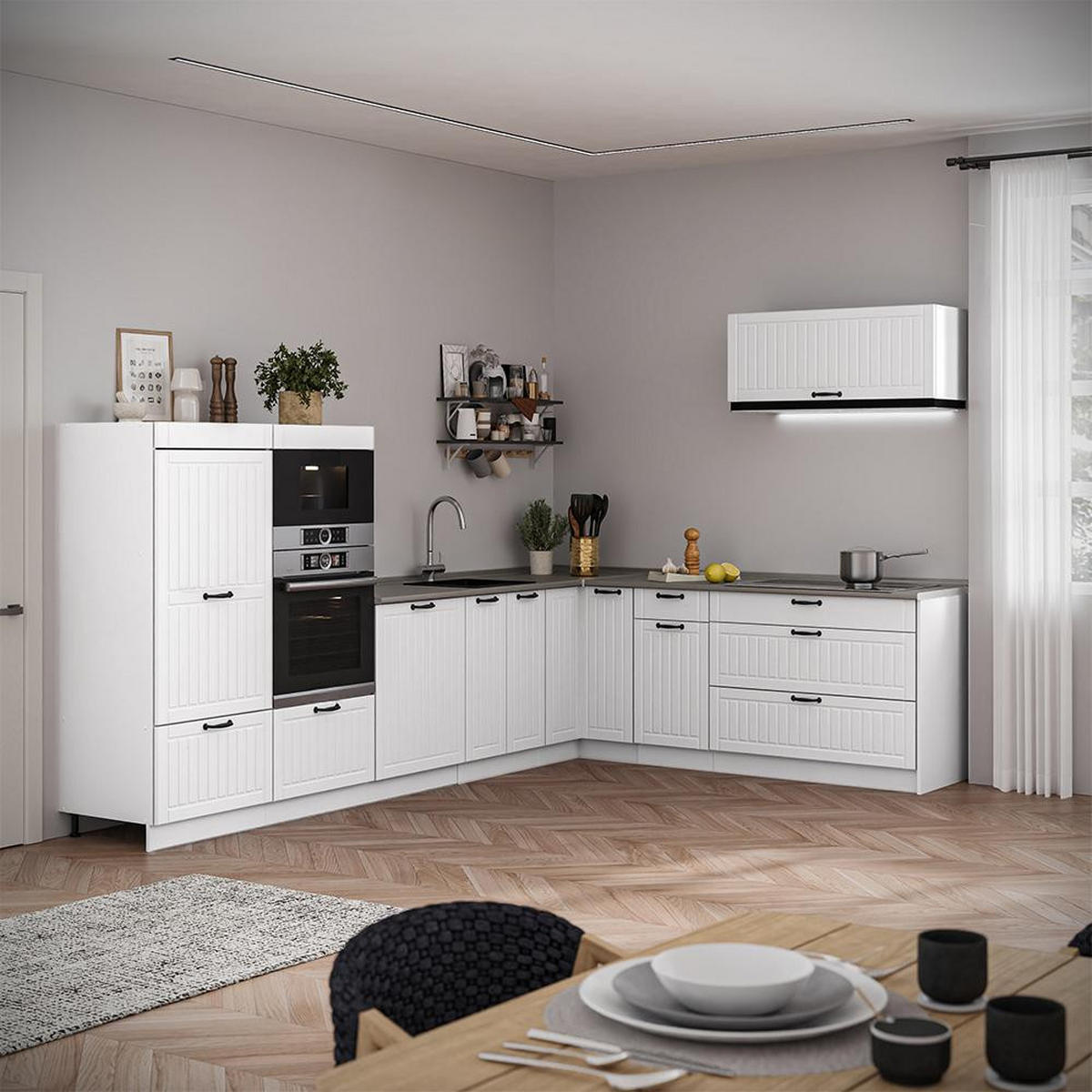 KUHINJA V OBLIKI ČRKE L Fame-Line, Bela podeželska hiša/Bela, 327 x 227 cm, DP Marmor - bela, leseni material (327/153.6/60cm) - Vicco