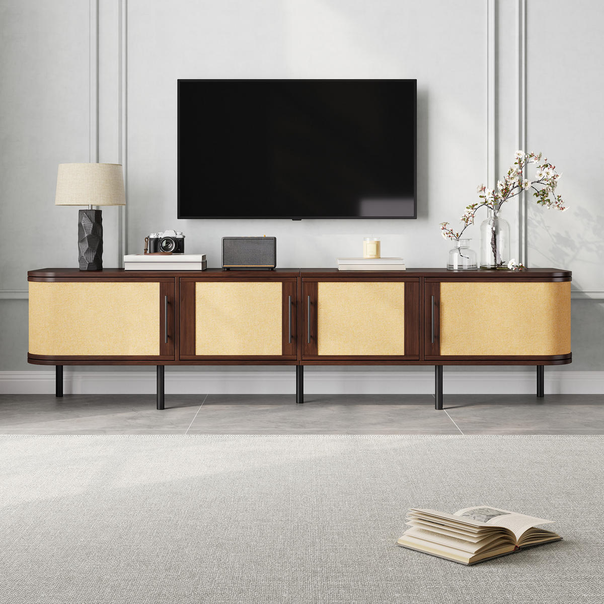 TV-SCHRANK 180x40x45cm mit Flechtfront und 4 Türen - Walnussfarben, Holzwerkstoff (180/45/40cm) - FLIEKS