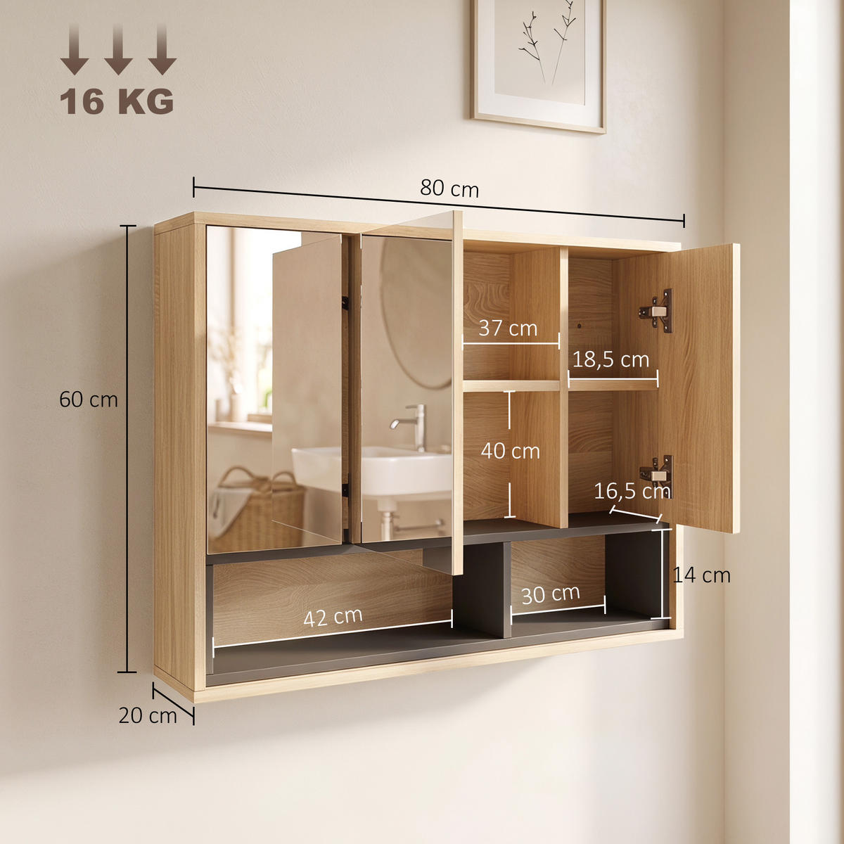 SPIEGELSCHRANK Eichefarben - Eichefarben, Holz (80/60/20cm)