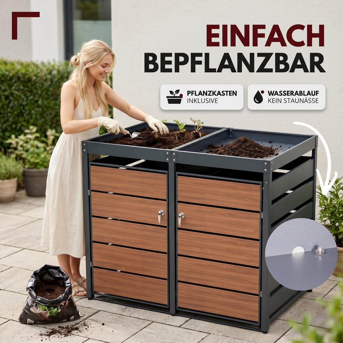 MÜLLTONNENBOX mit Pflanzkasten 2er, MTP2 - Anthrazit, Metall (132/116/80cm) - Albatros