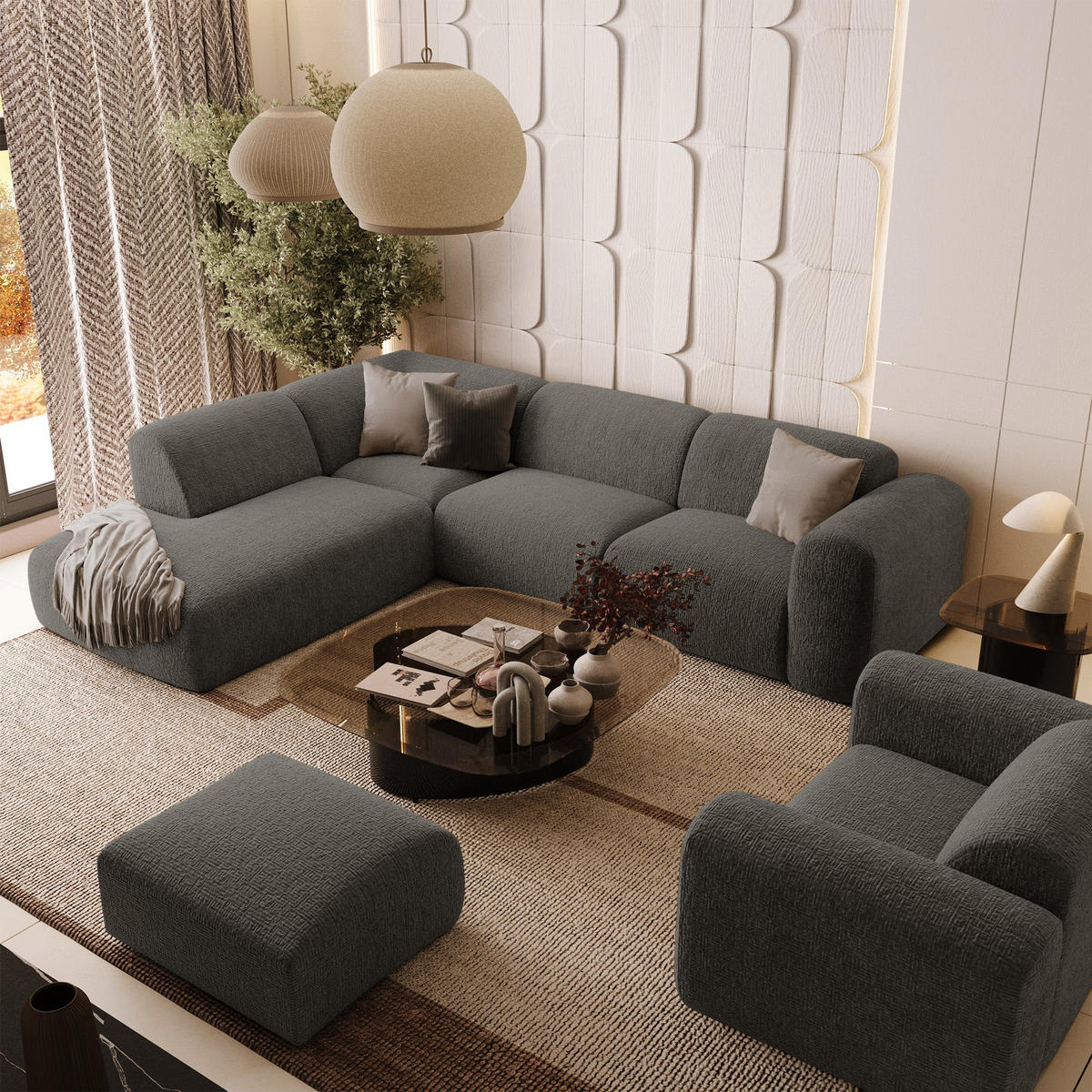 ECKSOFA LINKS Gemusterter Samt Grau 269cm - Grau, Textil (221/269cm) - Sia Home