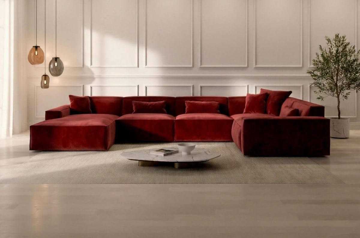 WOHNLANDSCHAFT Beluga Rot Samtstoff - Rot, Kunststoff (313/73/181cm)