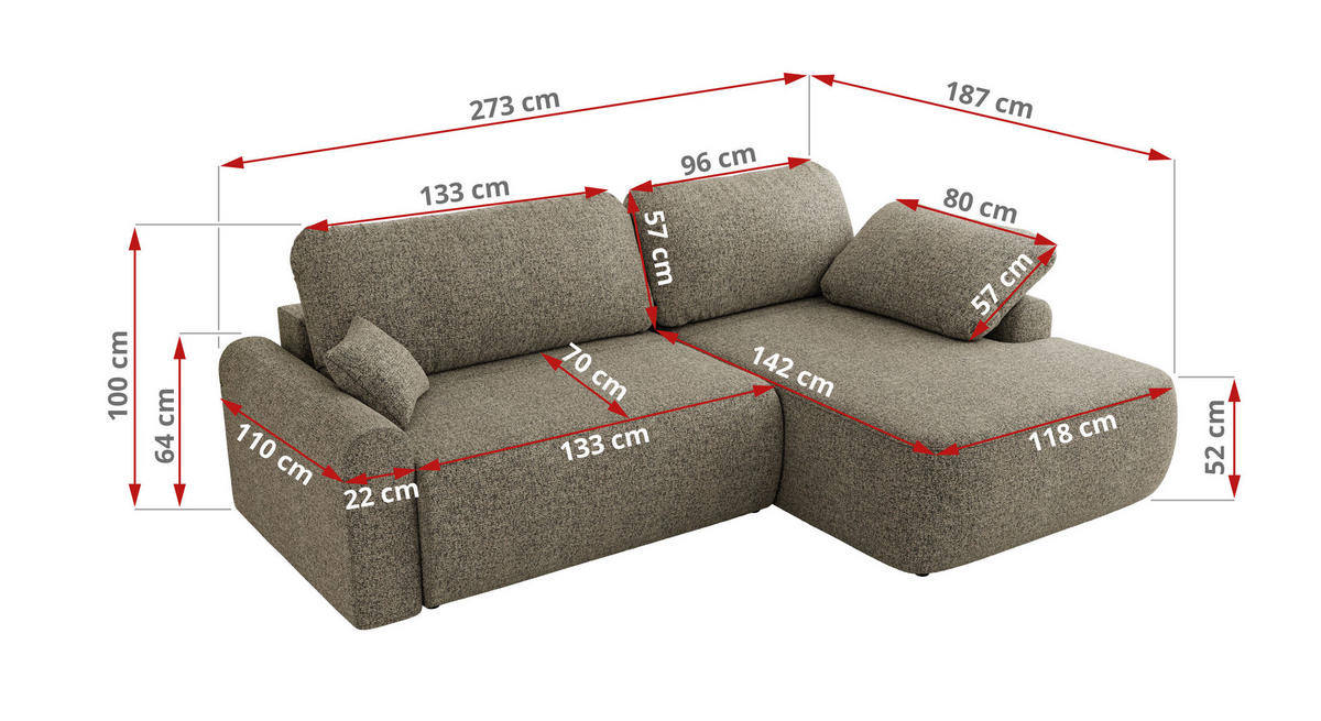 ECKSCHLAFSOFA CUBO L Grau Struktur - links - Schwarz/Grau, Kunststoff/Textil (273/187cm) - MKS