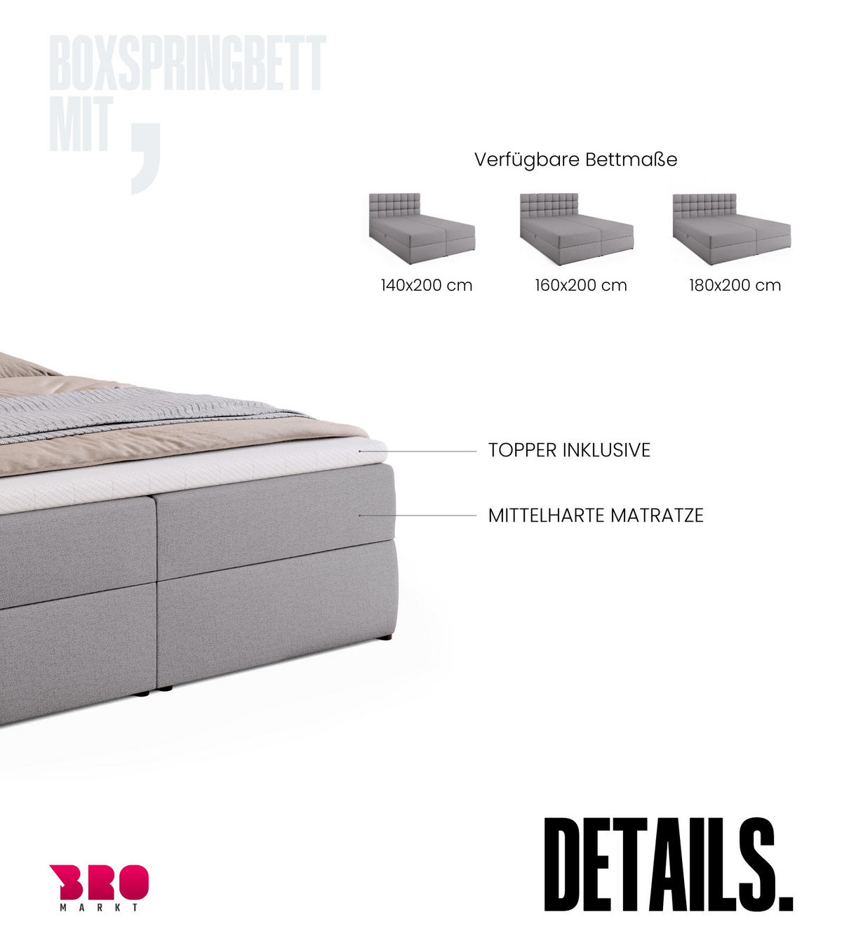 BOXBETT Dakota mit Topper 160/200 Grau - Grau, Textil (160/200cm) - Bromarkt