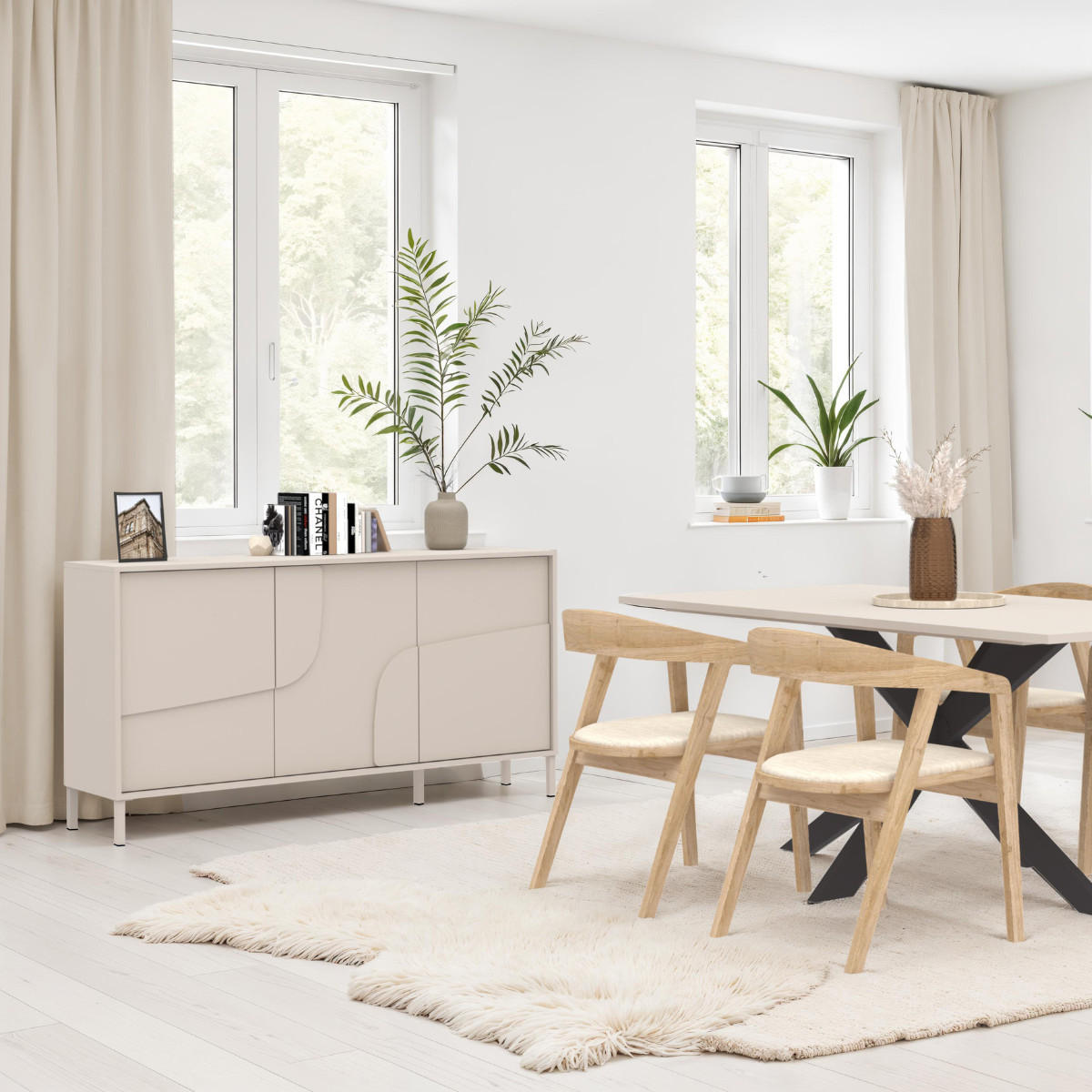 SIDEBOARD mit 3 dekorierten Türen Kaschmir 155/40/86 cm - Beige, Holzwerkstoff (40/86/6.4cm) - Calicosy