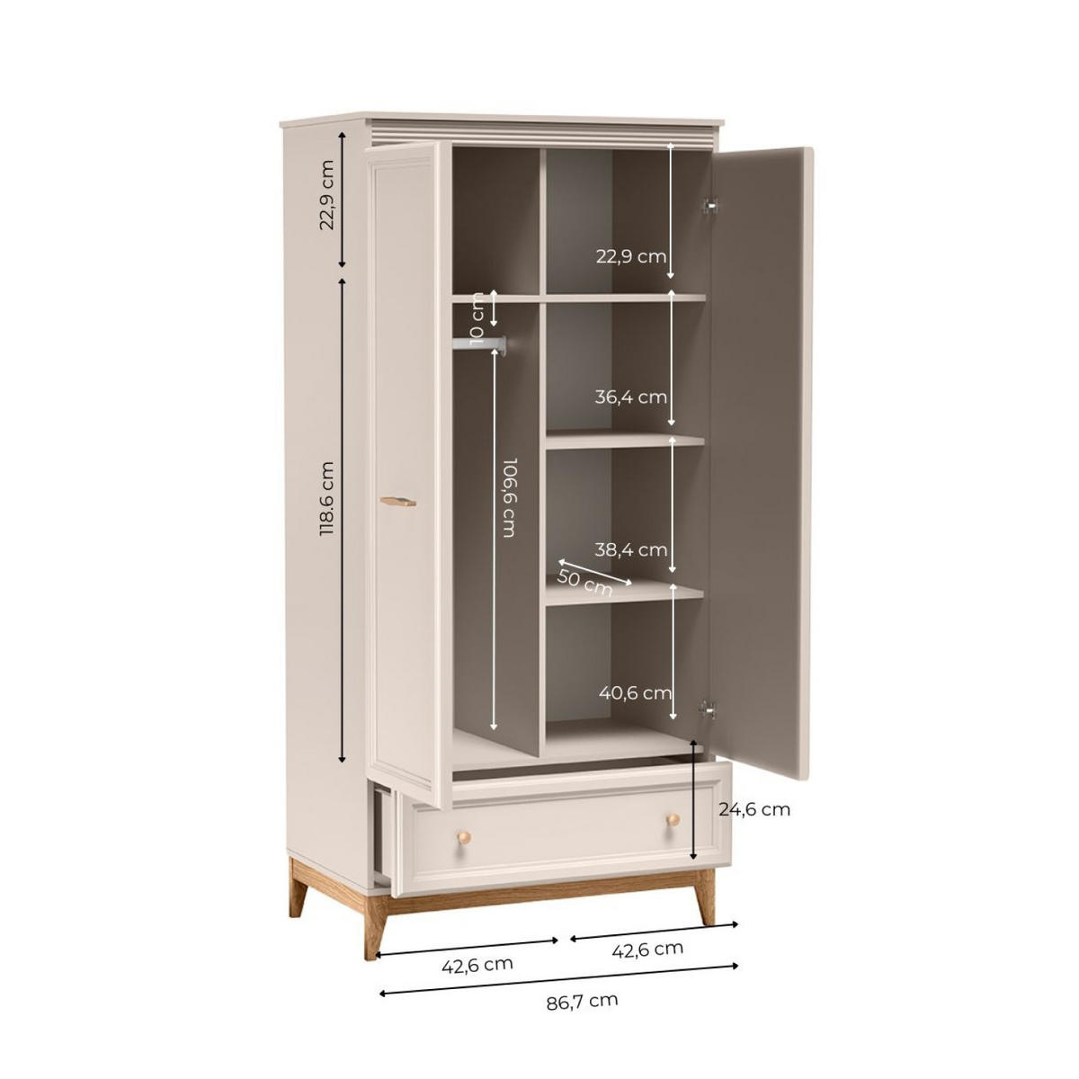 KLEIDERSCHRANK Windsor W-10 92 x 193 x 54,5 cm Kaschmir - Kaschmir/Eichefarben, Eichenholz/Holzwerkstoff (92/193/54.5cm) - Koseto