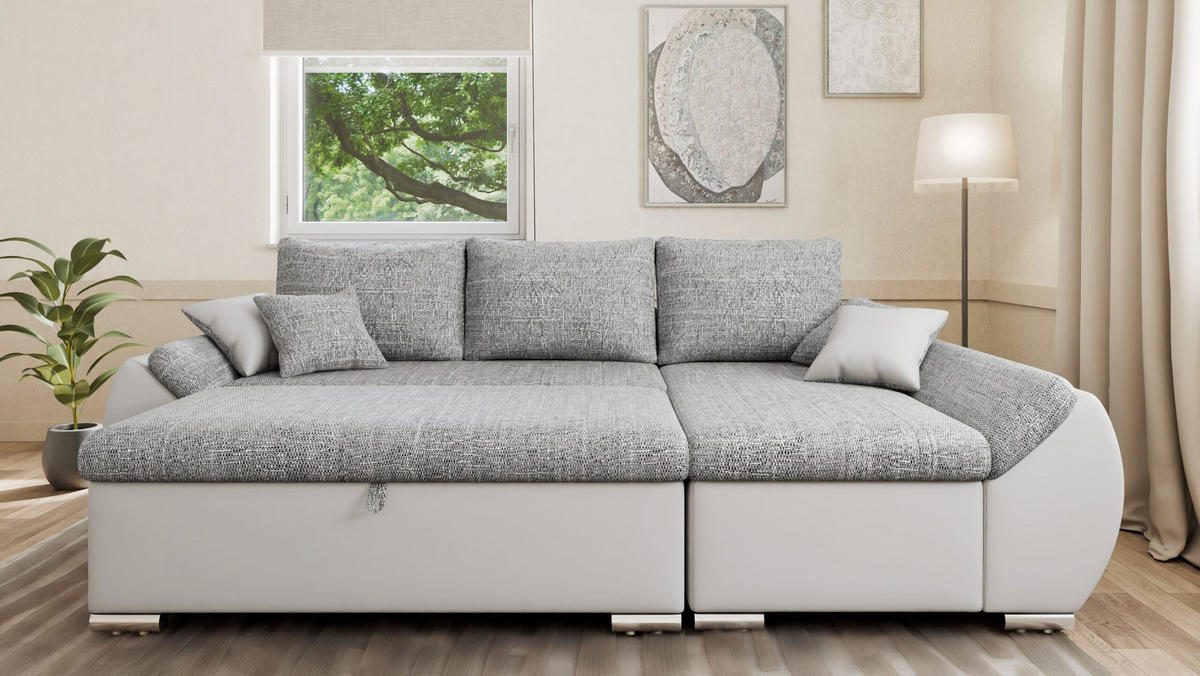 ECKSCHLAFSOFA ALEX – Grau + Weiß (Lawa 05 + Soft 17) + Hocker - Rechts - Weiß, Holzwerkstoff/Metall (275/155cm) - Möblo