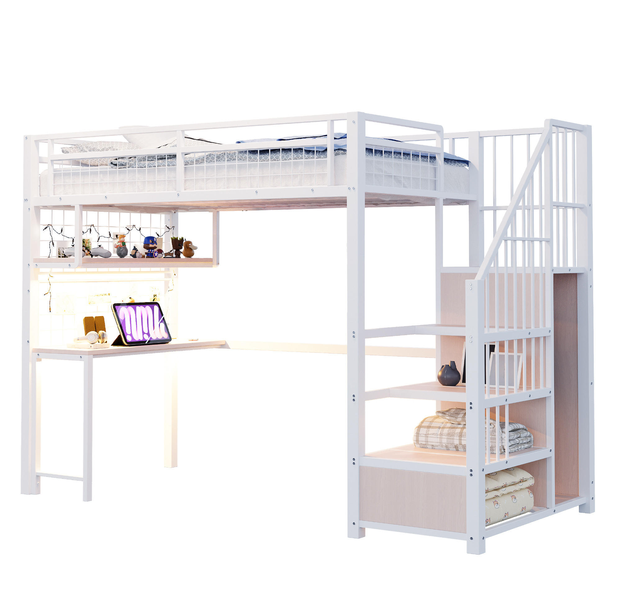 HOCHBETT aus Metall 90x200 cm Weiß mit Schreibtisch, Lichtleiste, Steckdosen, Stauraumtreppe und Kleiderschrank - Weiß, Metall (140/190cm) - Modfu