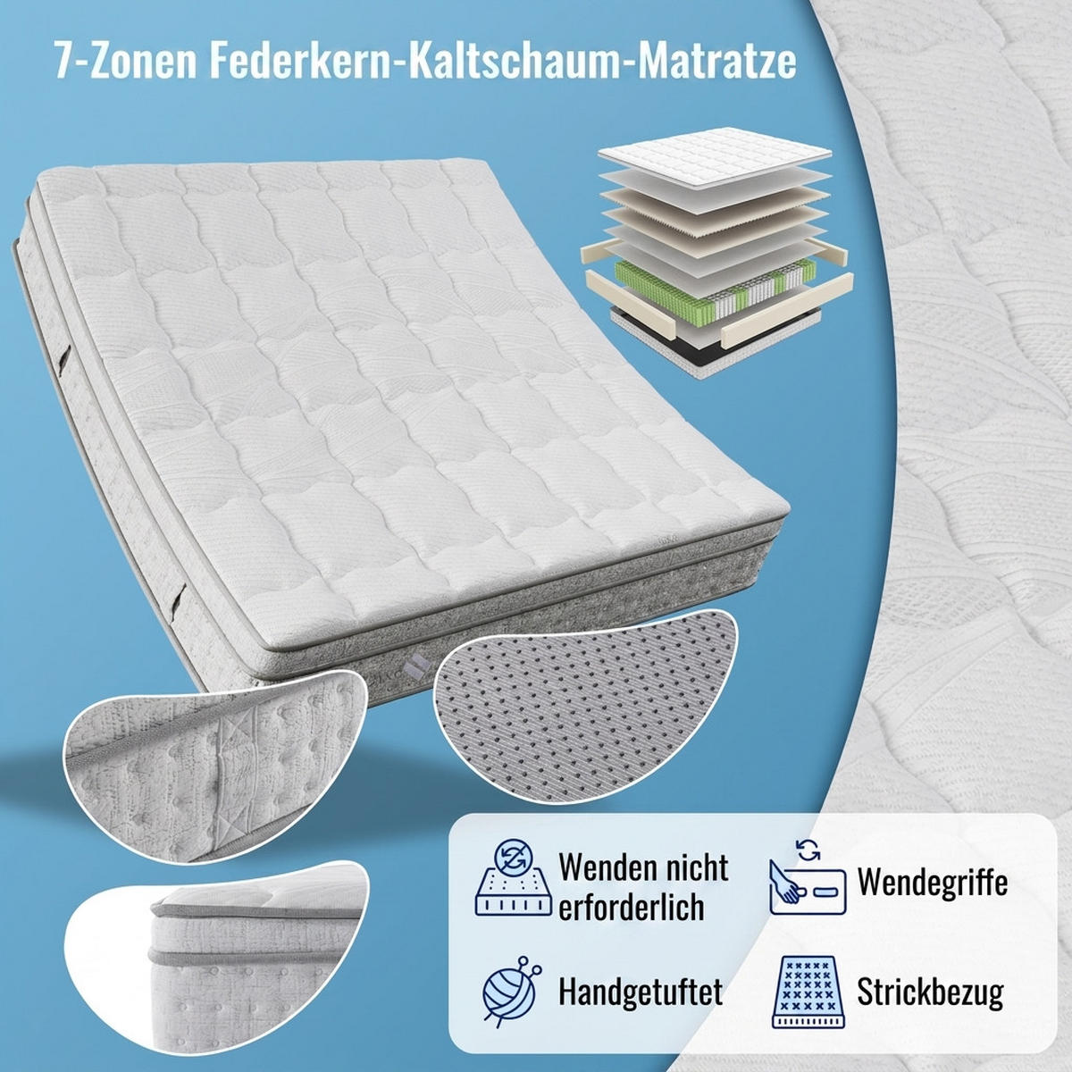 TASCHENFEDERKERNMATRATZE 140/200 cm Weiß H3, 25cm Hohe Kaltschaum Hybrid-Matratze - Weiß, Textil (140/200cm) - Oxeza