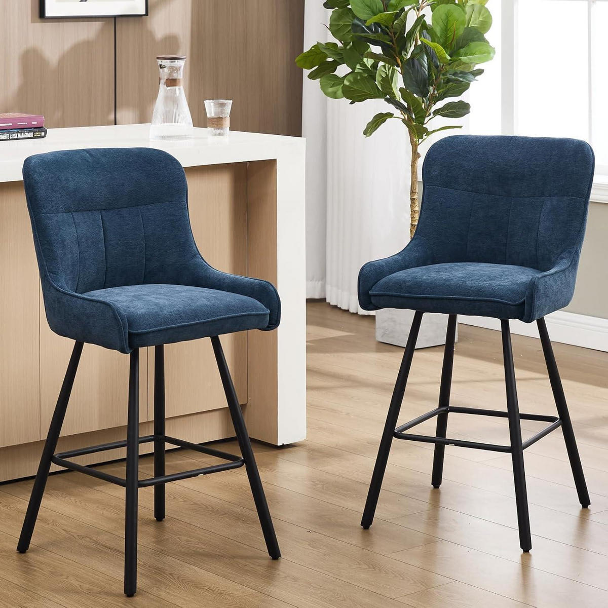 BARHOCKER 4er Set mit Rückenlehne Chenille Blau - Blau, Textil (50/97/48cm)