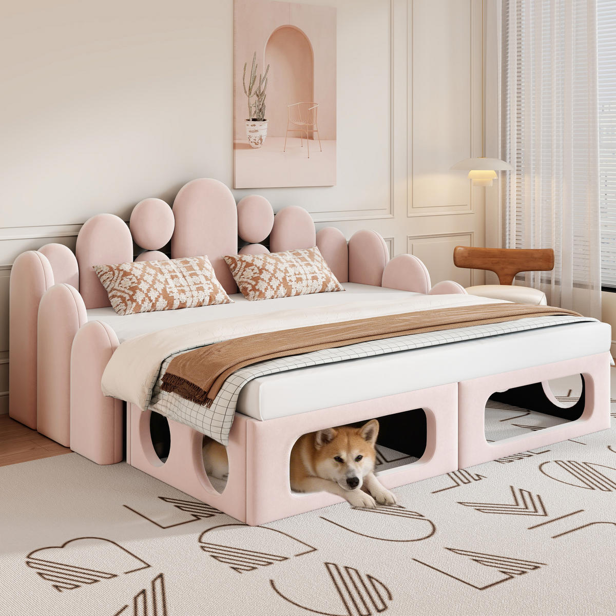 SCHLAFSOFA 180/200 cm in Rosa Samt mit Haustierbett - Rosa, Holzwerkstoff/Textil (180/200cm) - WISHDOR
