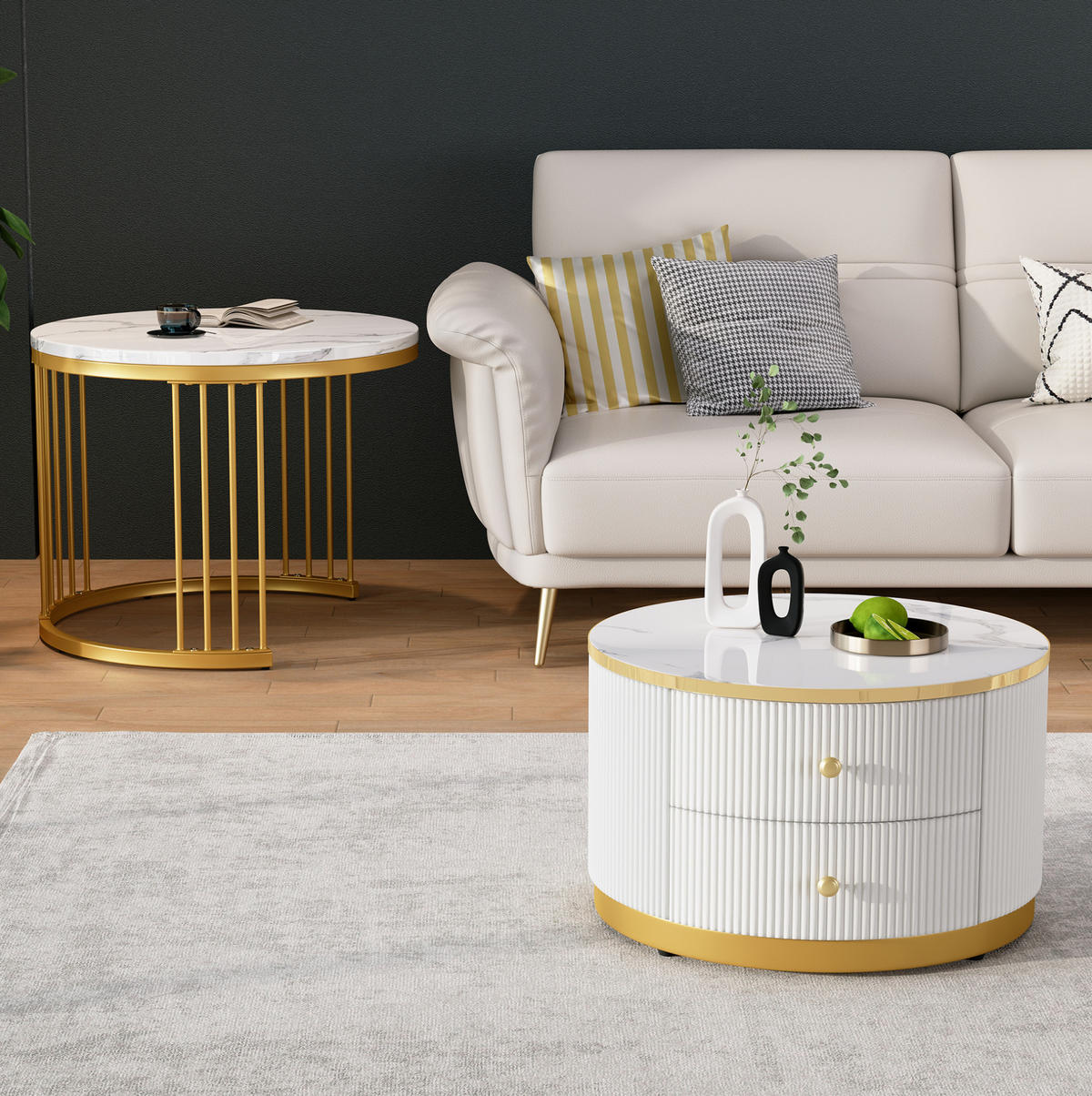 COUCHTISCH-SET 60/60/45,5 & 50/50/32 cm in Weiß mit 2 Schubladen - Weiß, Holzwerkstoff (60/60/45.5cm) - Flora Grace