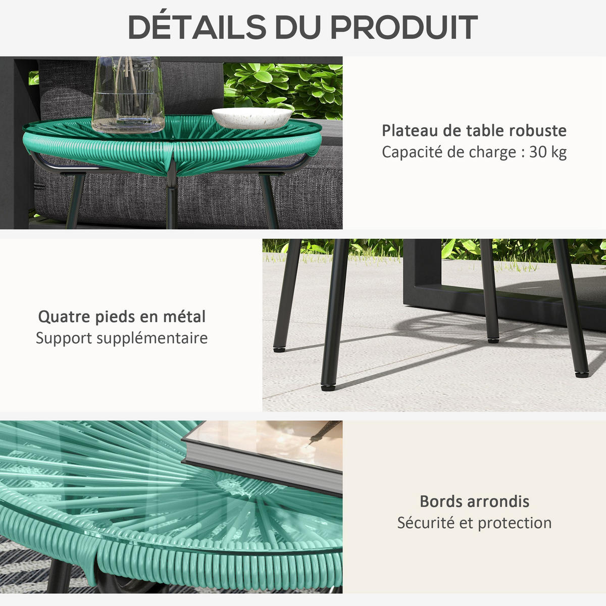 GARTENBEISTELLTISCH DE-13584 rund mit Glasplatte, PE-Rattanoptik Natur - Grün, Metall (50/50/50cm) - ComfortXL