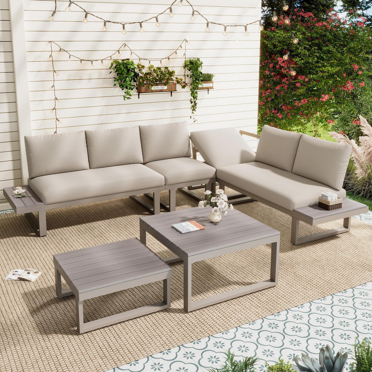 LOUNGEGARNITUR mit zwei Couchtischen, Beige + Khaki - Beige, Metall - KOMHTOM