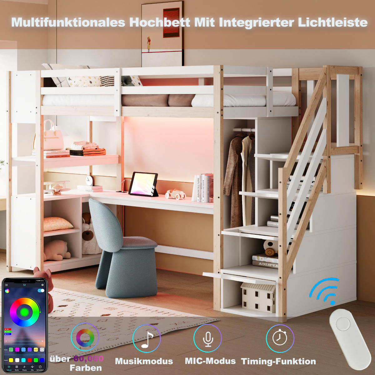 VISOKA postelja 90/200 cm bela in naravna z omaro, pisalno mizo in LED-osvetlitvijo iz masivnega lesa in MDF - bela, leseni material (90/200cm) - OKWISH