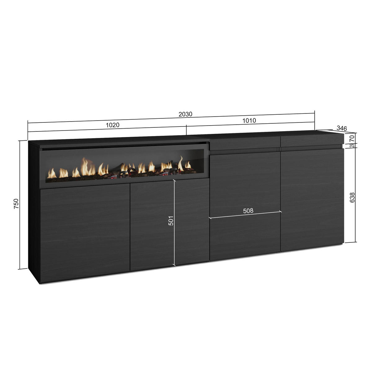 SIDEBOARD Elektrokamin, schwarz, 200/35/75cm - Schwarz, Holzwerkstoff (200/75/35cm) - Skraut Home