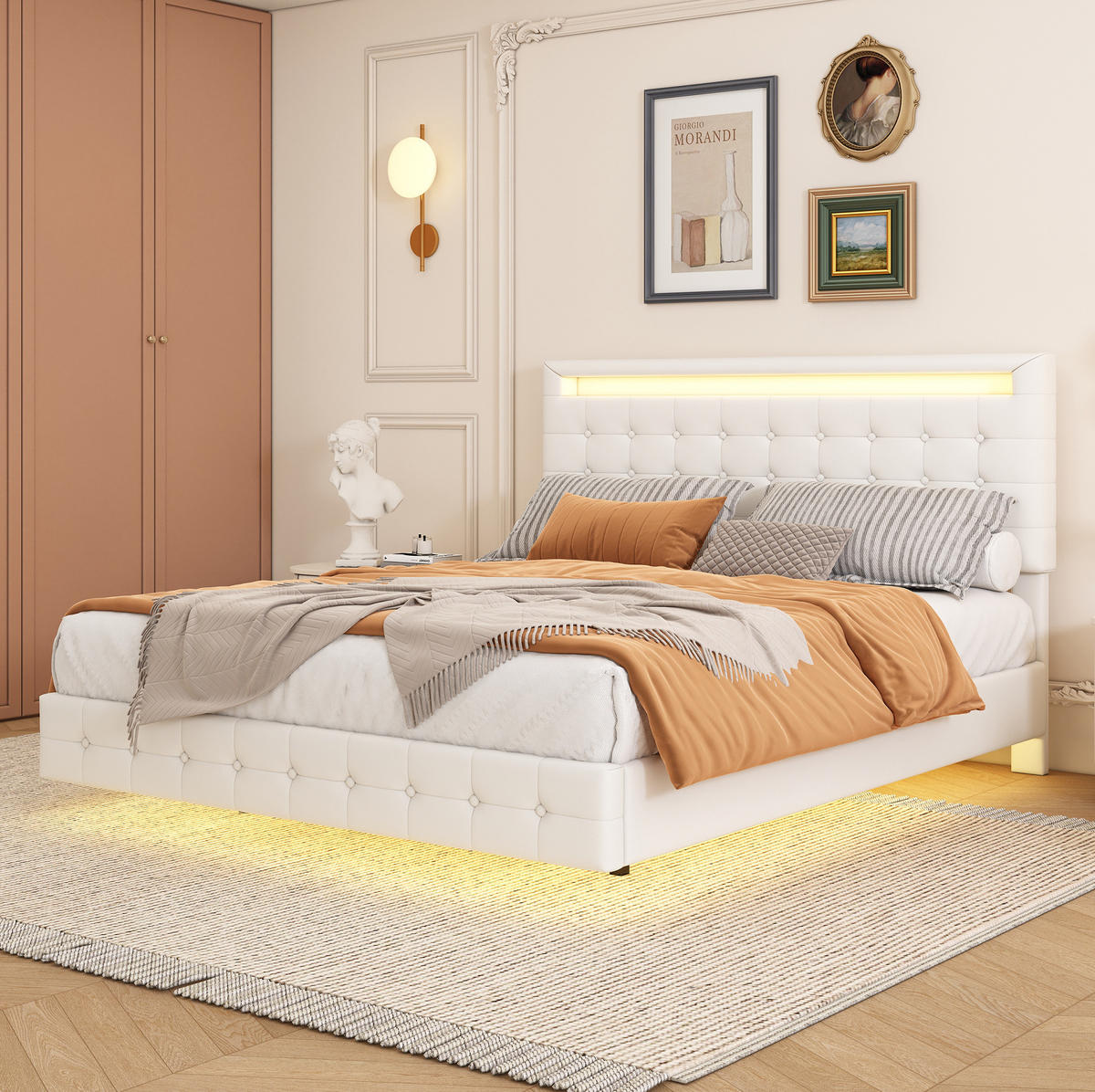 POLSTERBETT 140/200 cm Weiß mit LED-Umgebungslicht und höhenverstellbarem Kopfteil Ohne Matratze - Weiß, Leder (140/200cm) - OKWISH