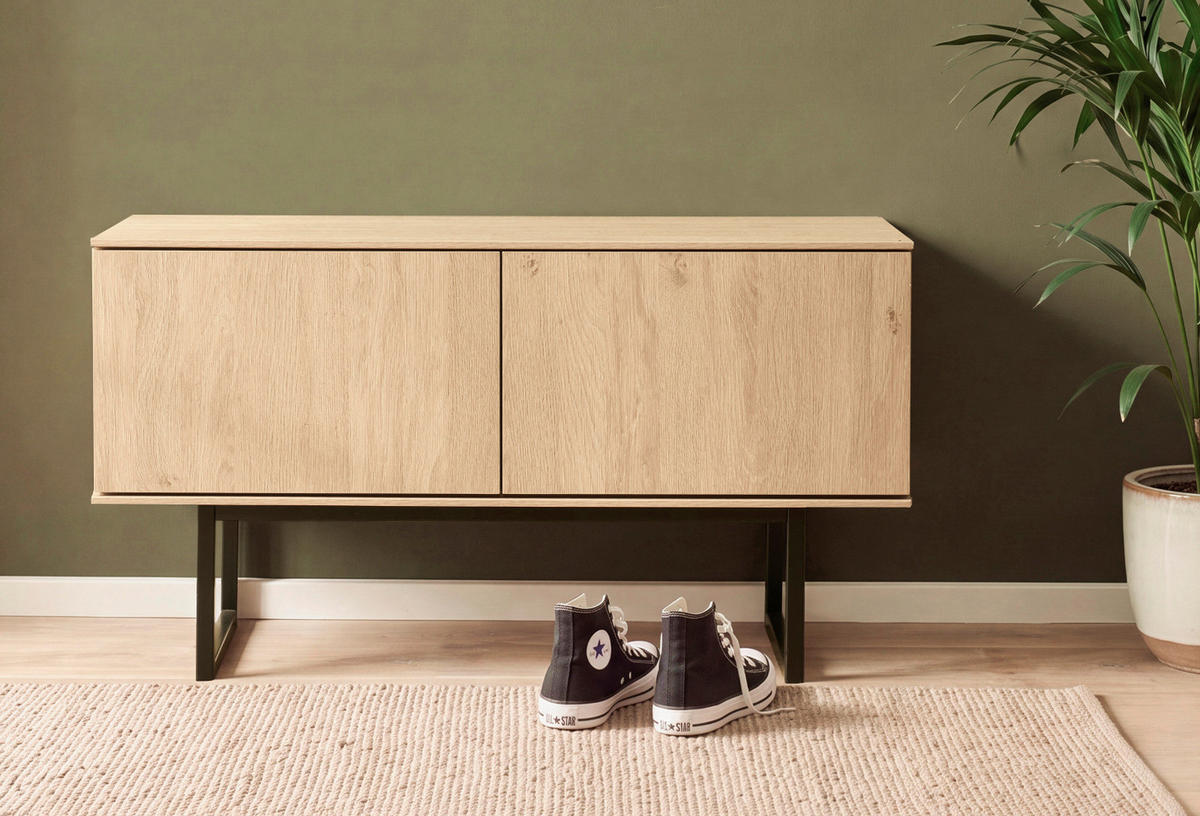GARDEROBENBANK Stone Eiche 90 cm, Sitzbank mit Push-to-Open - Eichefarben/Schwarz, Holzwerkstoff/Metall (90/49/40cm) - Furn.Design