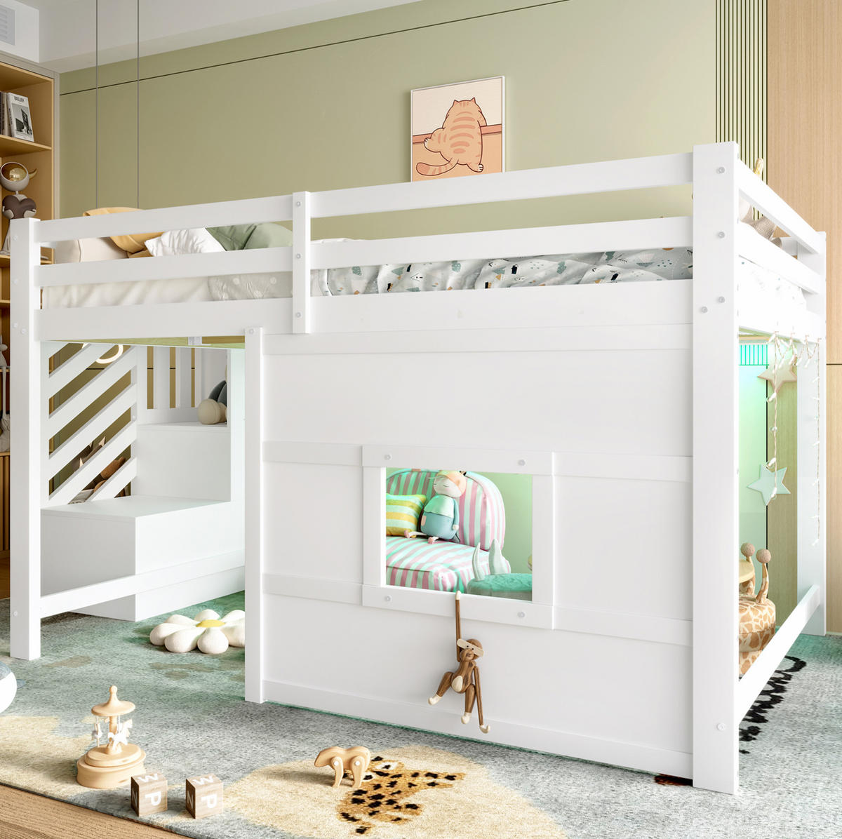 VISOKI krevet 140/200 cm od MDF-a i borovine sa spremišnim stepenicama, LED osvjetljenjem i prozorom, bijeli - bijela, drvni materijal (140/200cm) - Redom