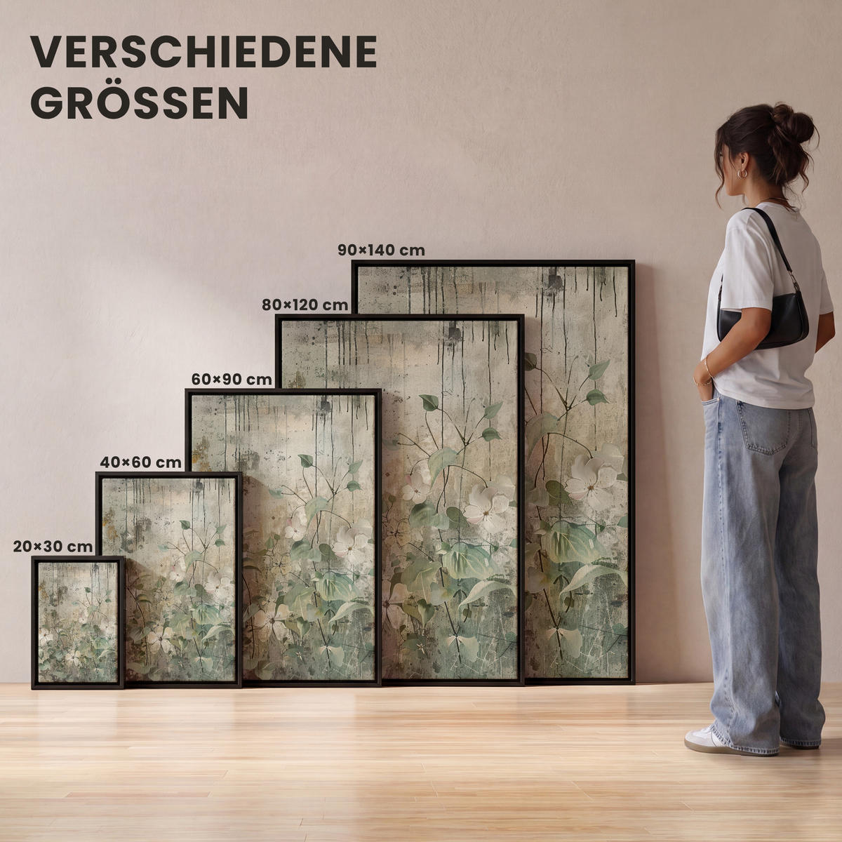 LEINWAND Bilder mit Rahmen - Blumen - Blätter - Abstrakt - Modern - 40x60 - Grau, Textil (40/60cm) - MuchoWow