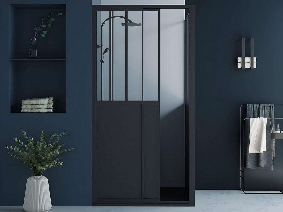 DUSCHTRENNWAND mit Schiebetür - Industrial Style - 100 x 80 x 195 cm - Schwarz matt - URBANIK - Schwarz, Metall (100/195cm) - Vente-Unique