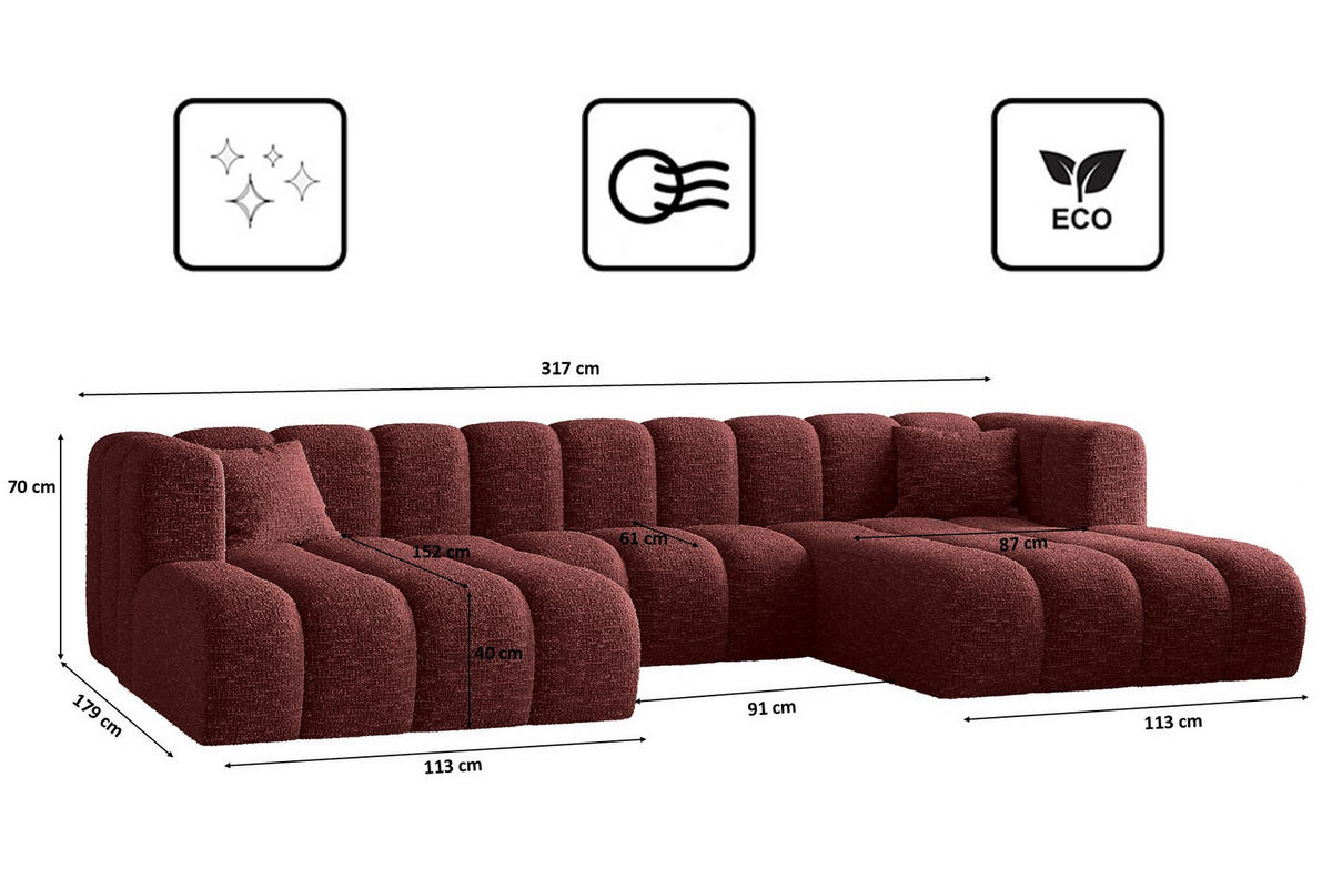 ECKSOFA U-form Grand modular stoff Haga Rotwein - Rot, Holz (317/179cm) - Kaiser Möbel