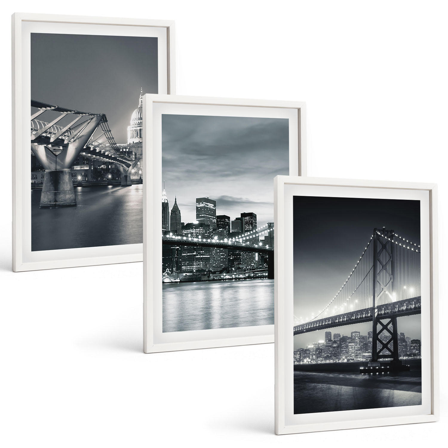 BILDER SET 3er Set - 40x60 cm Weißer Rahmen - Brücken, Stadtarchitektur, Grau - Weiß, Kunststoff (40/60cm) - TULUP