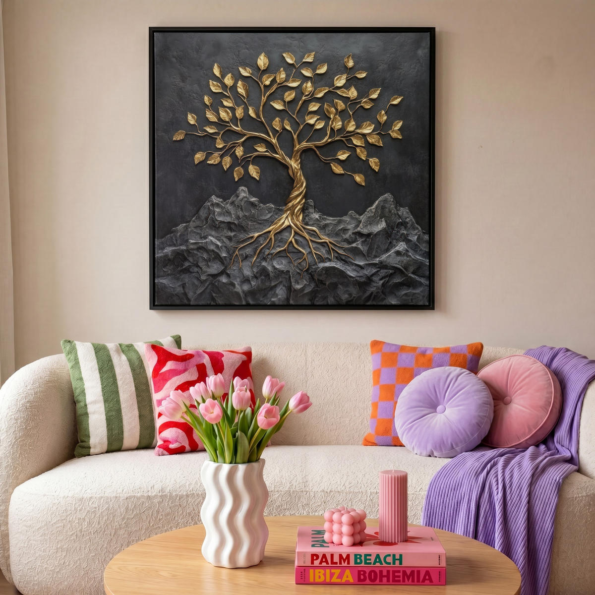 LEINWAND Bilder mit Rahmen - Blätter - Gold - Baum - Fels - 90x90 - Schwarz, Textil (90/90cm) - MuchoWow