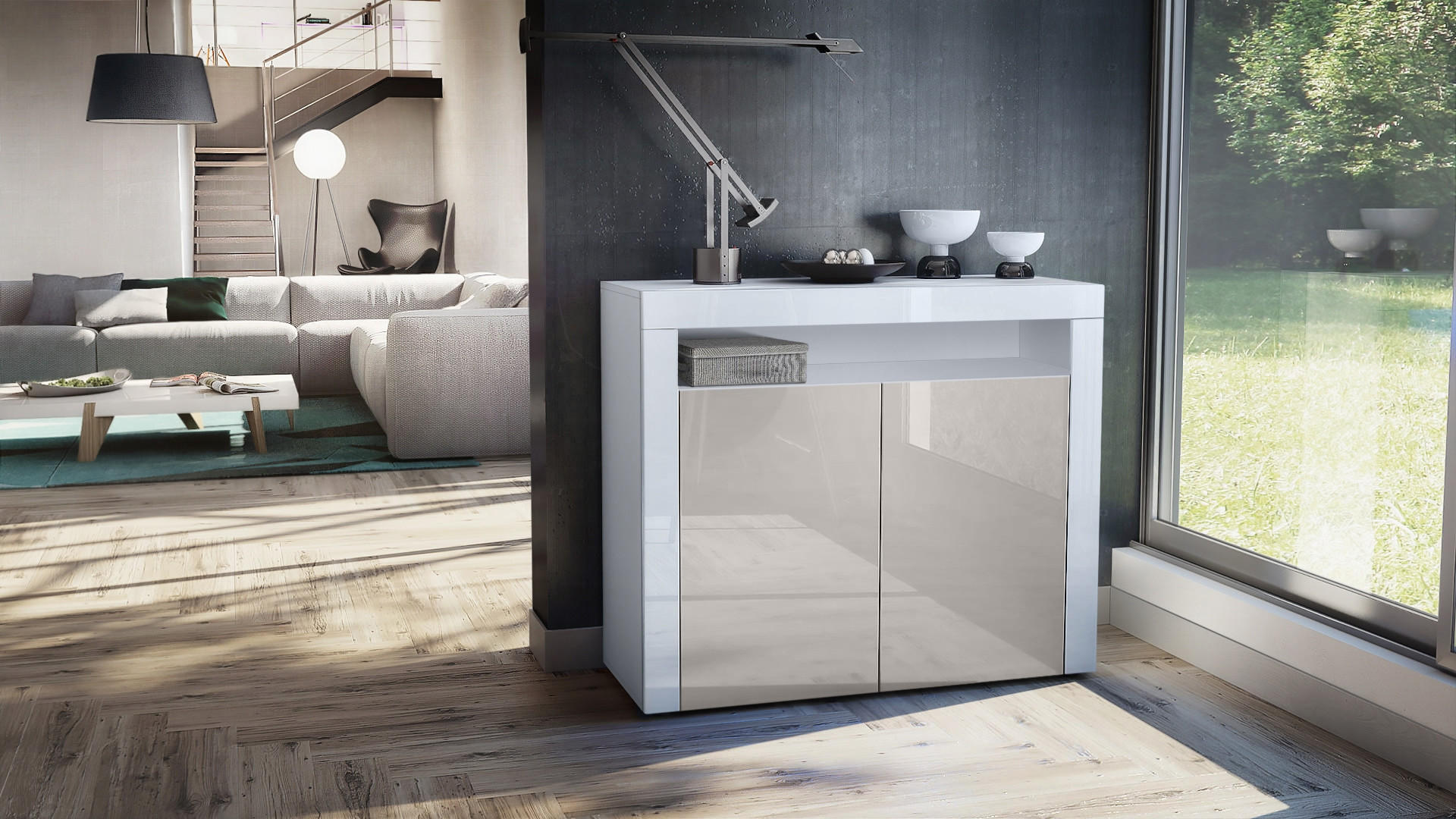 KOMMODE Valencia Sandgrau Hochglanz / Weiß Hochglanz - Sandfarben/Weiß, Holzwerkstoff (108/92/40cm) - Vladon