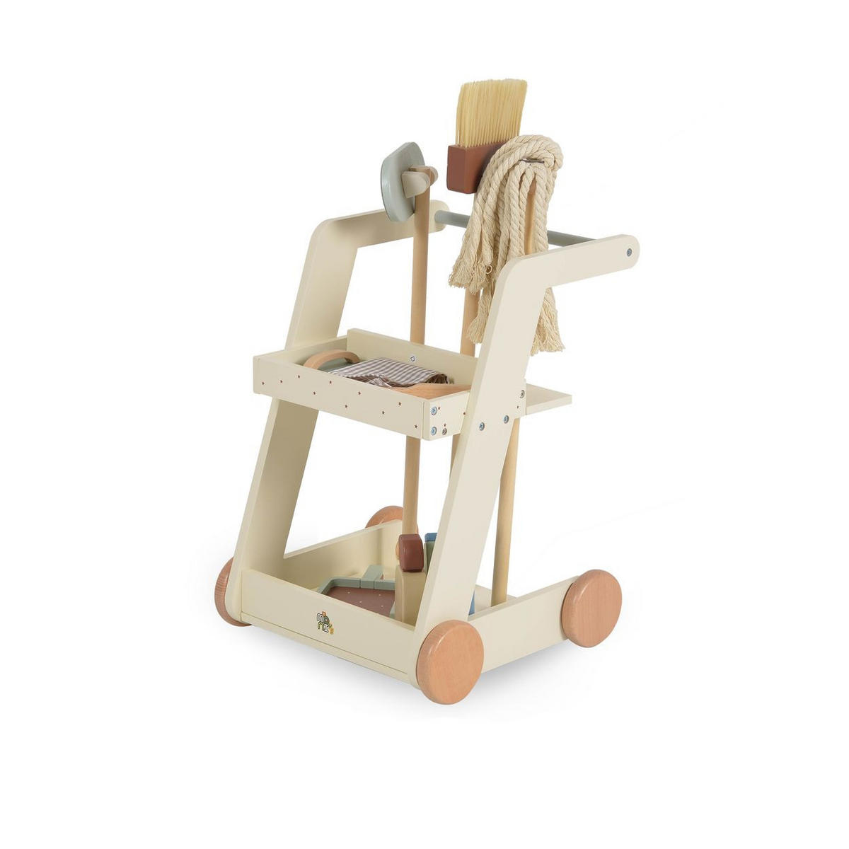 HAUSHALTSSPIELZEUG Spielzeug-Putzwagen W10D787 beige Holz, Besen, Mopp, Schwamm, Bürste, Räder, Rollenspiel, Putzen - Beige, Holz (43/69/34cm) - Moni