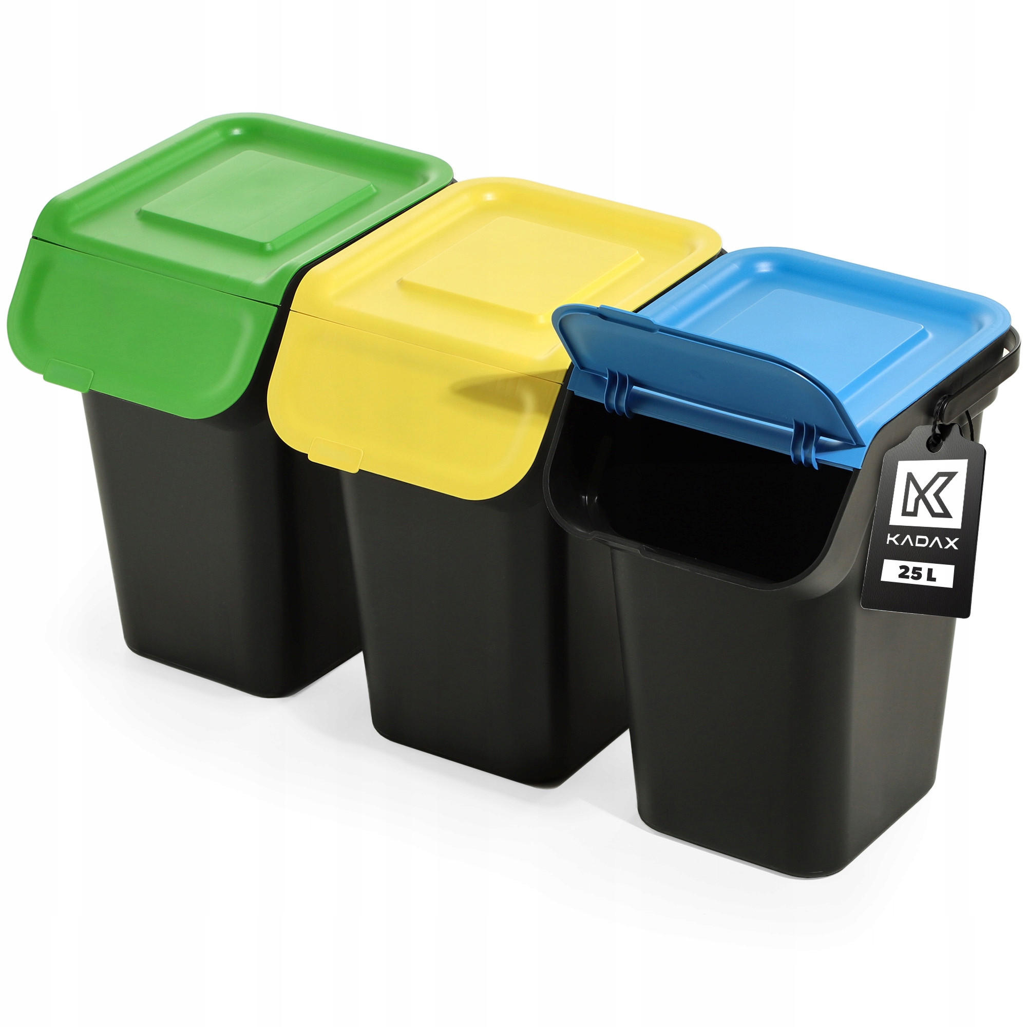 ABFALLBEHÄLTER, 3x25L Schwarz - Blau/Gelb, Kunststoff (27/44cm) - KADAX
