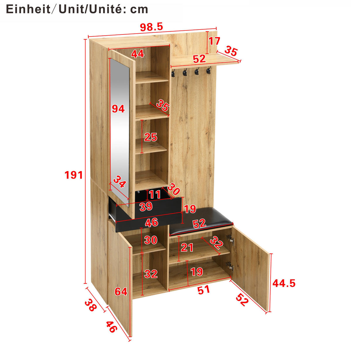 GARDEROBENSET 98,5/38/191 cm aus MDF mit Spiegel und Schuhschränken Schwarz/Natur - Schwarz, Holzwerkstoff (98.5/191/38cm) - Modenvie
