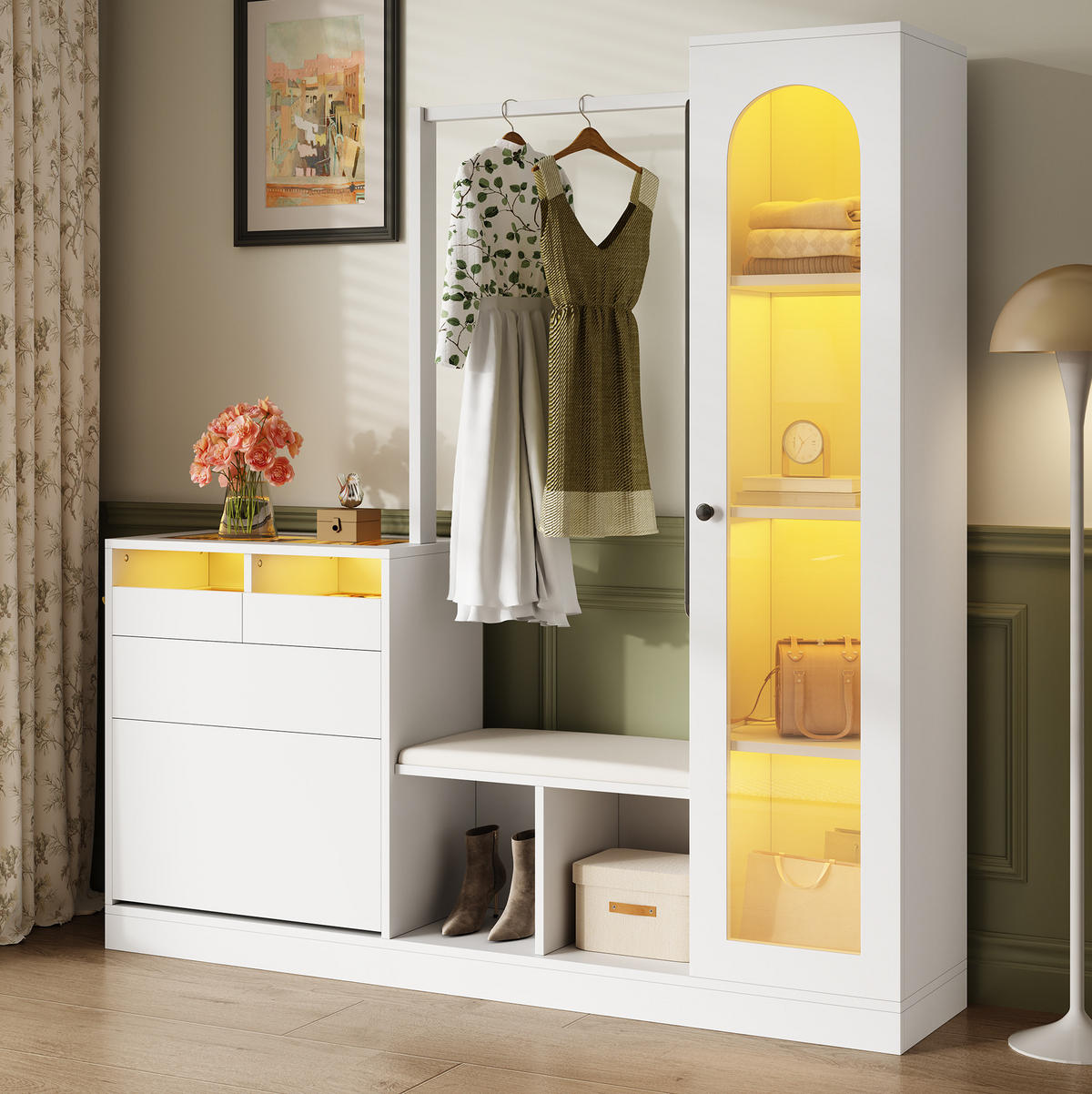 GARDEROBE 163/161/50 cm Weiß aus Spanplatte mit LED-Beleuchtung - Weiß, Holzwerkstoff (35/161/163cm) - OKMYHOME